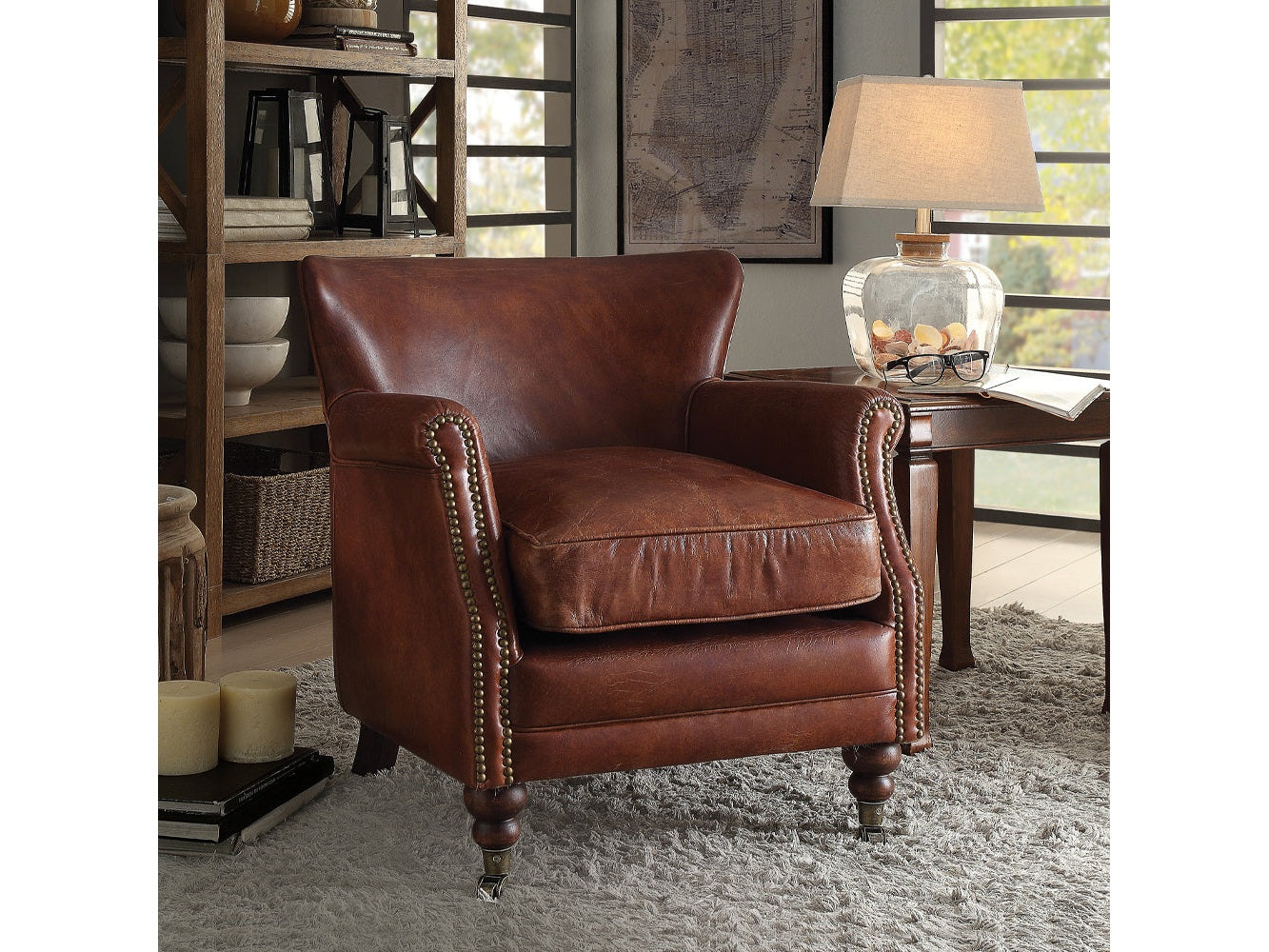 Leeds Vintage Dark Brown Top Grain Leather Accent Chair - Ornate Home