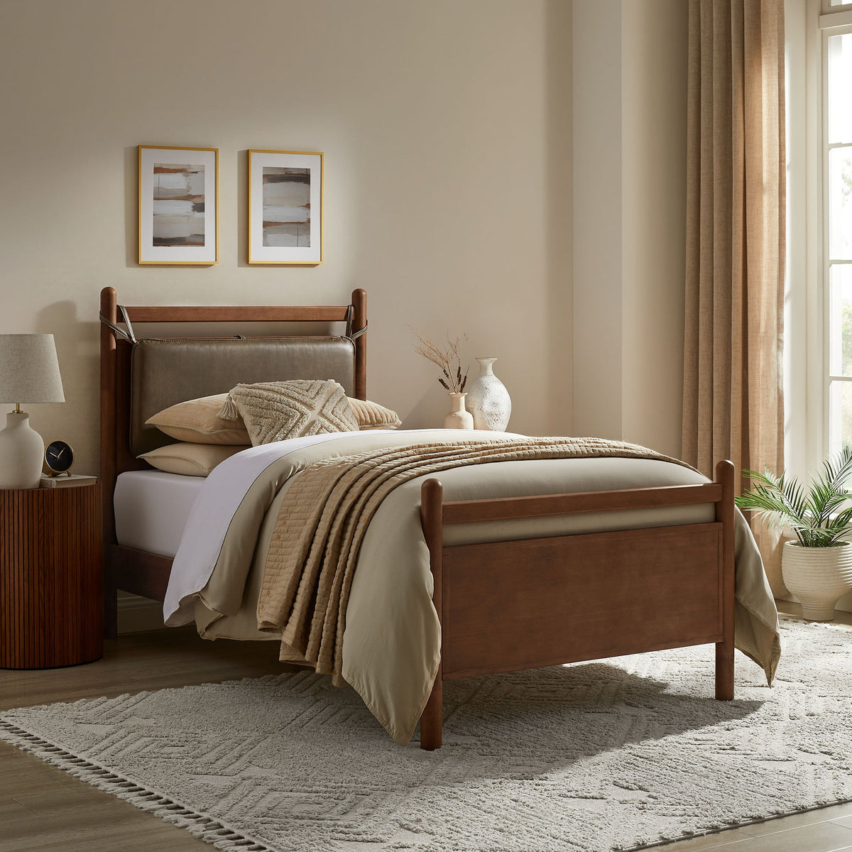 Leni Walnut/Mushroom Twin Size Vegan Leather and Wood Platform Bed Frame - Ornate Home