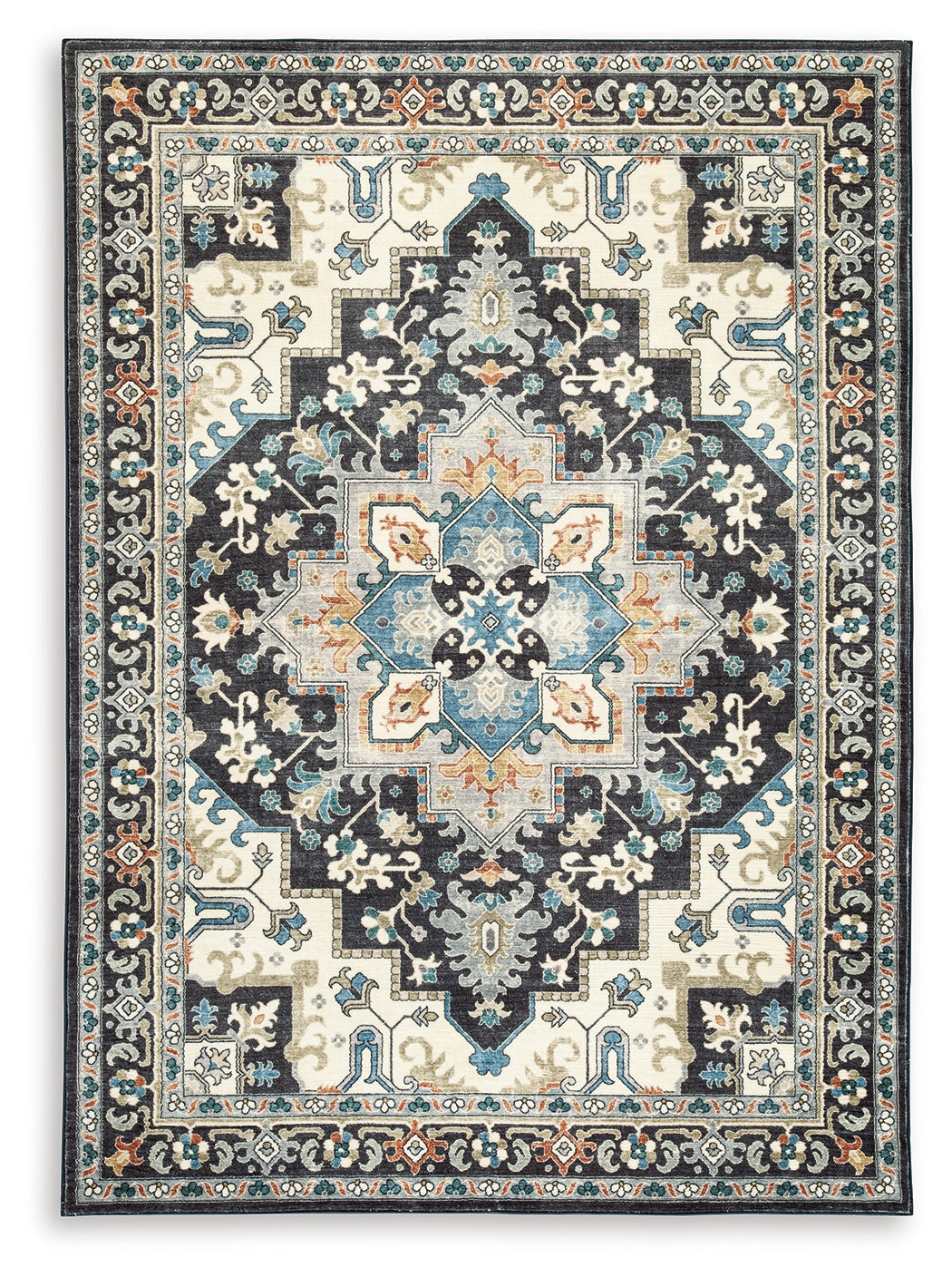 Leningston Black/Cream/Blue 5' x 7' Washable Rug - Ornate Home