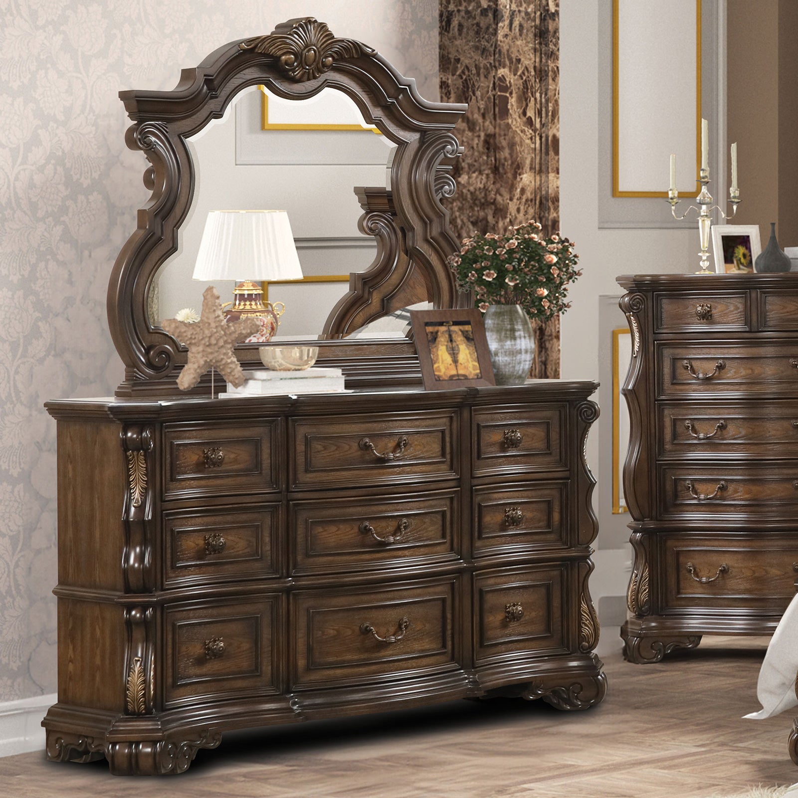 Leovanni Dark Brown Queen Full 5 Piece Bedroom Set w/Chest - Ornate Home
