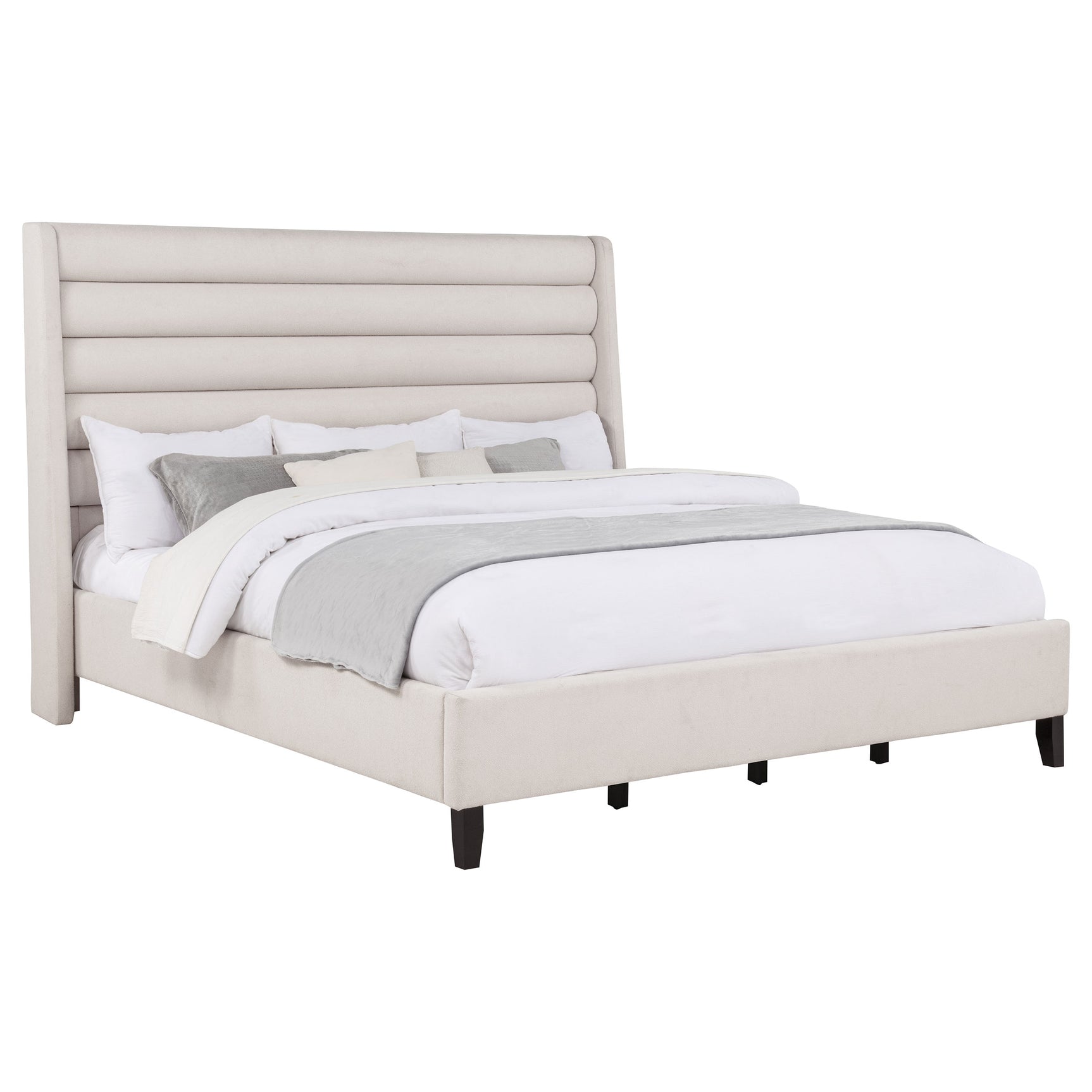 Leslie Beige Upholstered Tufted Eastern King Wingback Platform Bed - Ornate Home