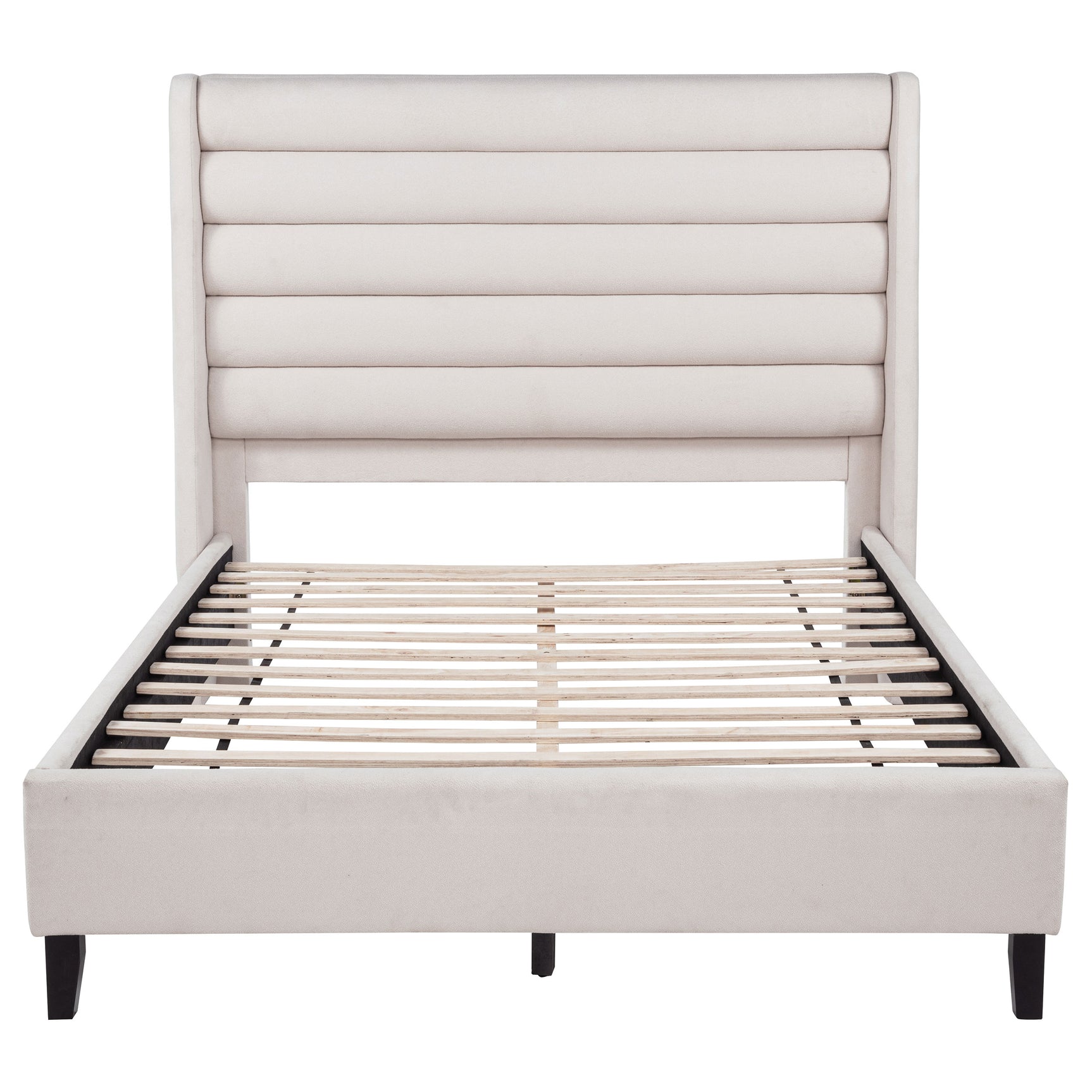 Leslie Beige Upholstered Tufted Queen Wingback Platform Bed - Ornate Home