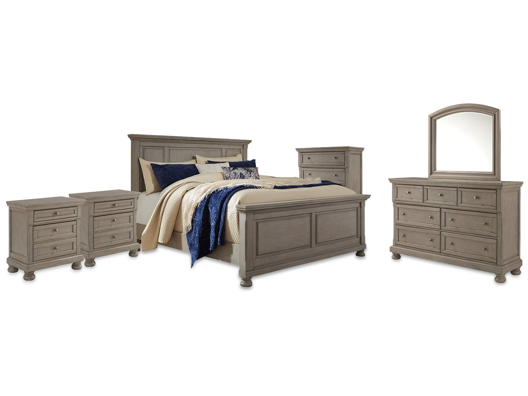 Lettner Light Gray King Panel Bedroom Set with Dresser, Mirror, Chest and 2 Nightstands - Ornate Home