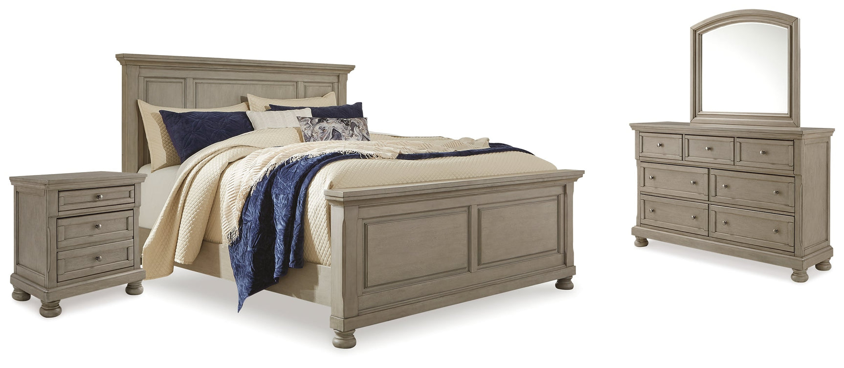 Lettner Light Gray King Panel Bedroom Set with Dresser, Mirror and 2 Nightstands (Online Special Price) - Ornate Home