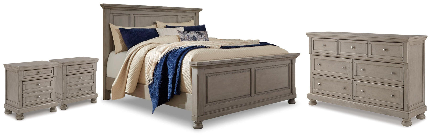 Lettner Light Gray Queen Panel Bed, Dresser and 2 Nightstands - Ornate Home