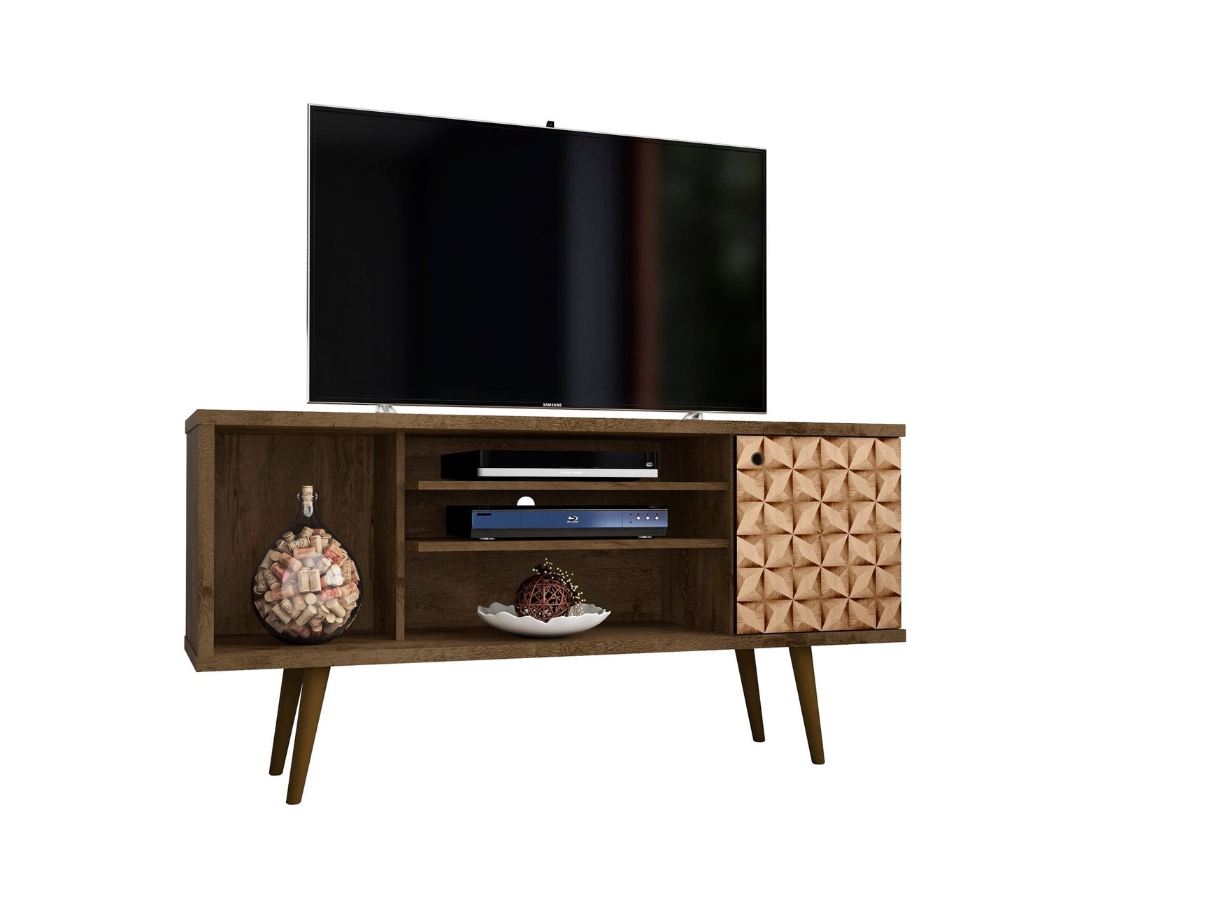 Liberty 53.14" Mid-Century Modern TV Stand in Rustic Brown and 3D Brown Prints - Ornate Home