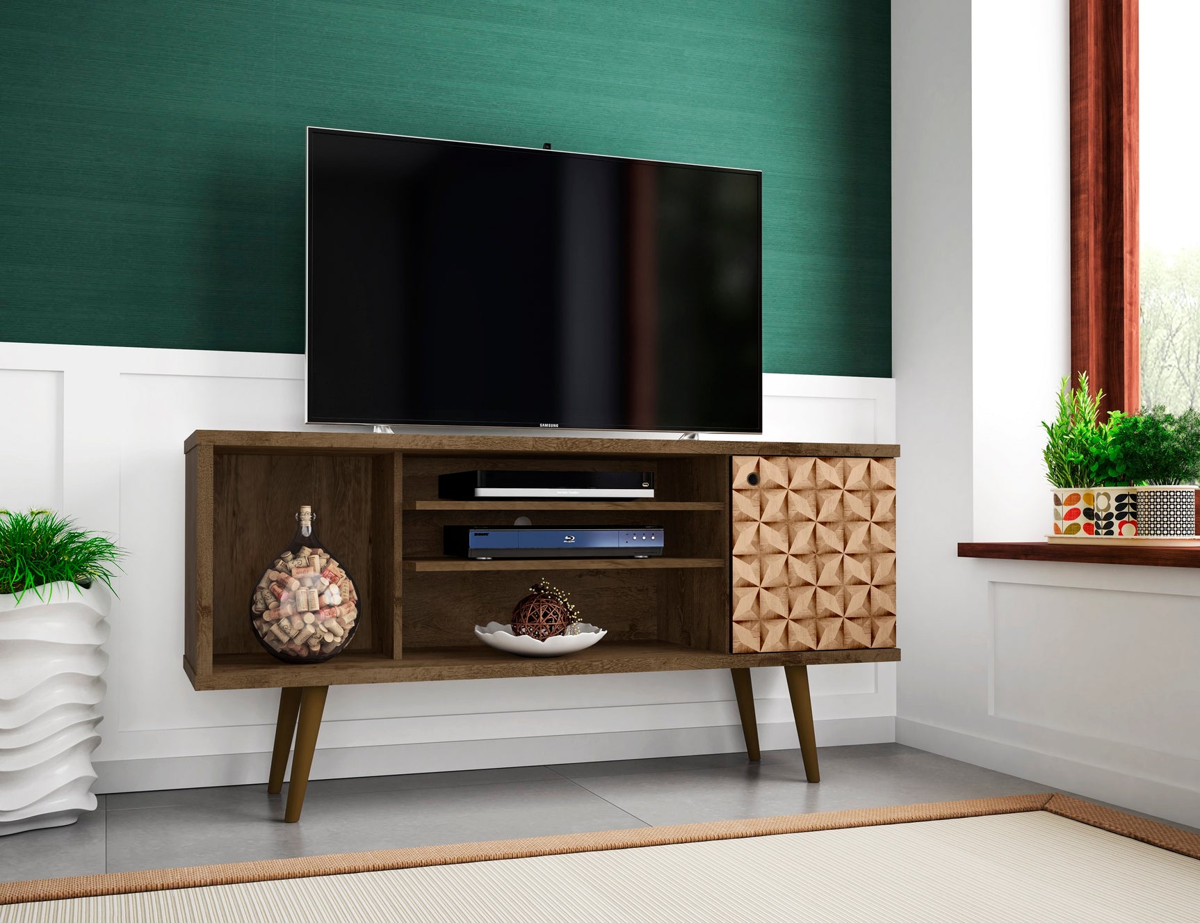 Liberty 53.14" Mid-Century Modern TV Stand in Rustic Brown and 3D Brown Prints - Ornate Home