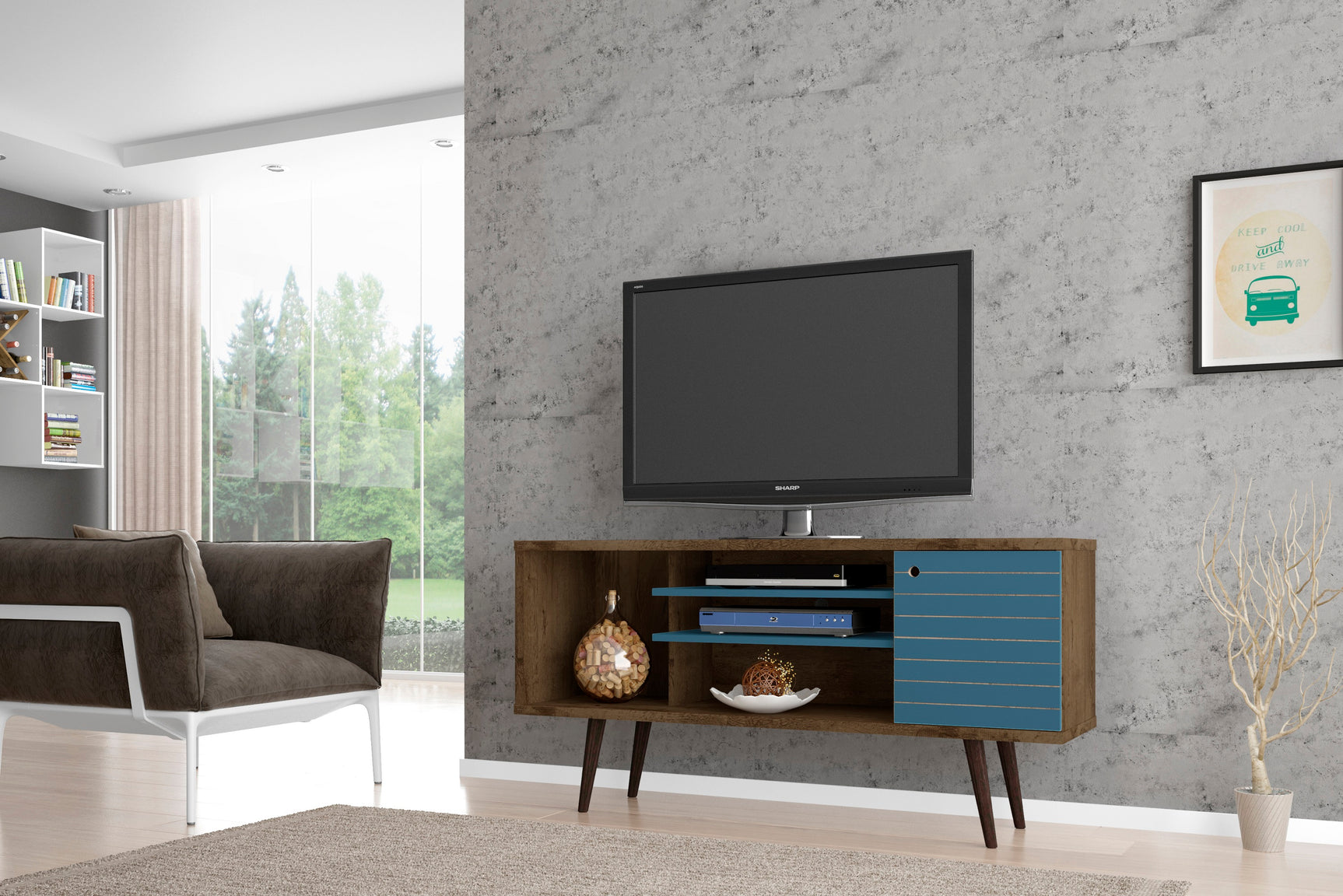 Liberty 53.14" Mid-Century Modern TV Stand in Rustic Brown and Aqua Blue - Ornate Home