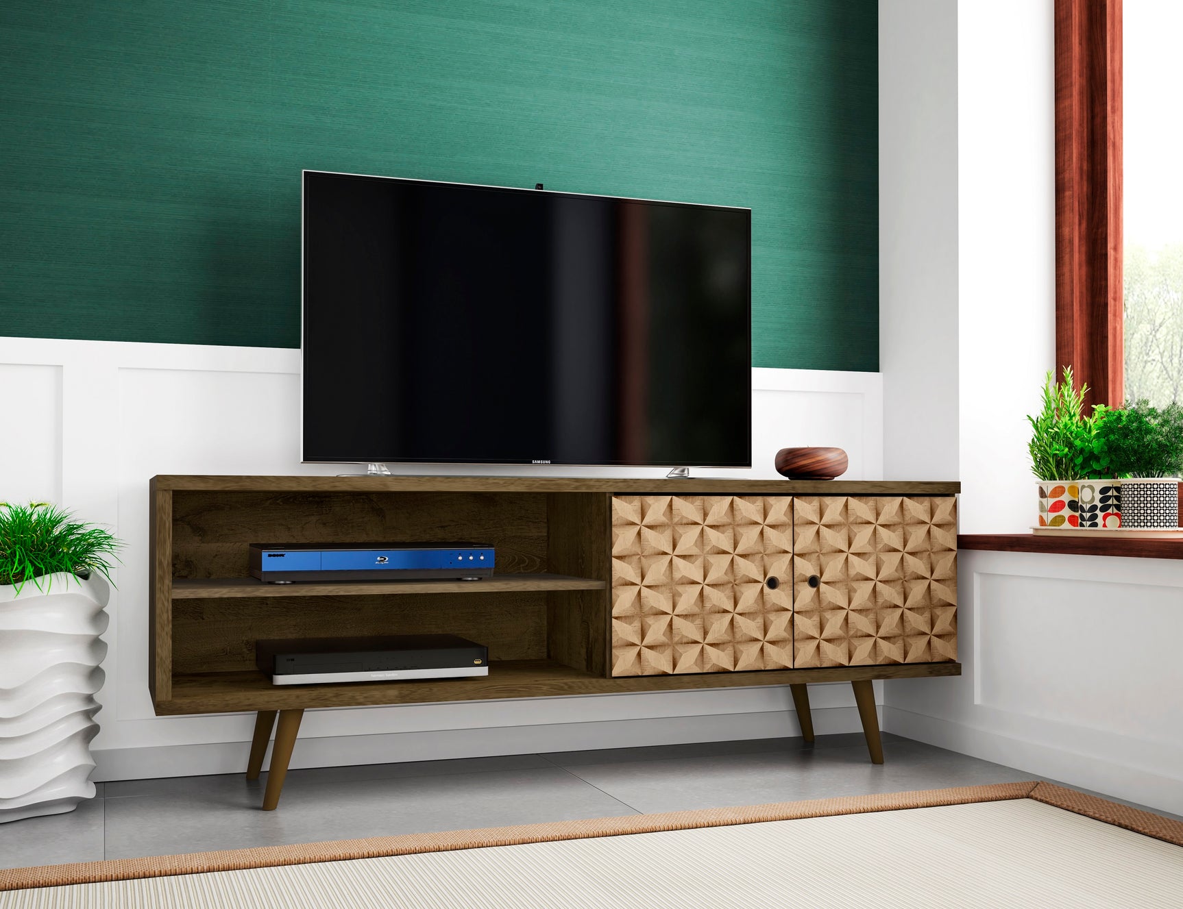 Liberty 62.99" Mid-Century Modern TV Stand in Rustic Brown and 3D Brown Prints - Ornate Home
