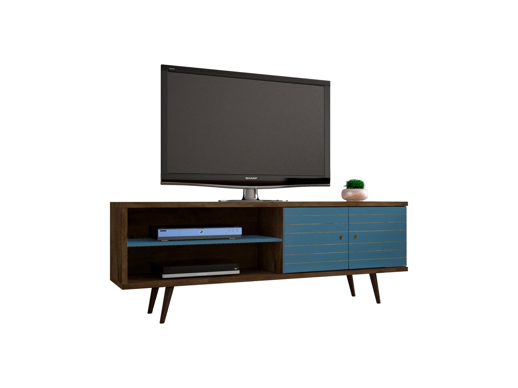 Liberty 62.99" Mid-Century Modern TV Stand in Rustic Brown and Aqua Blue - Ornate Home