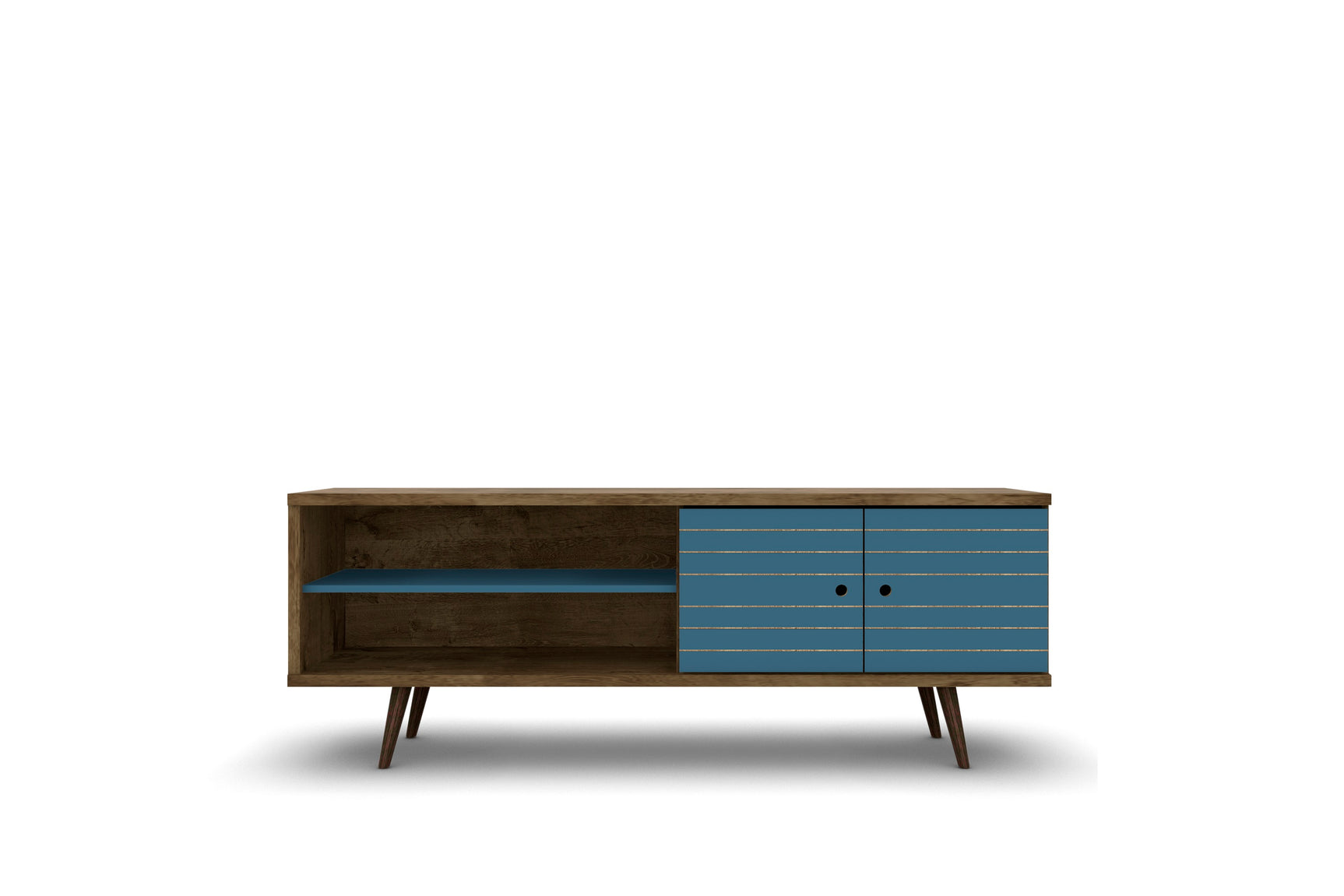 Liberty 62.99" Mid-Century Modern TV Stand in Rustic Brown and Aqua Blue - Ornate Home