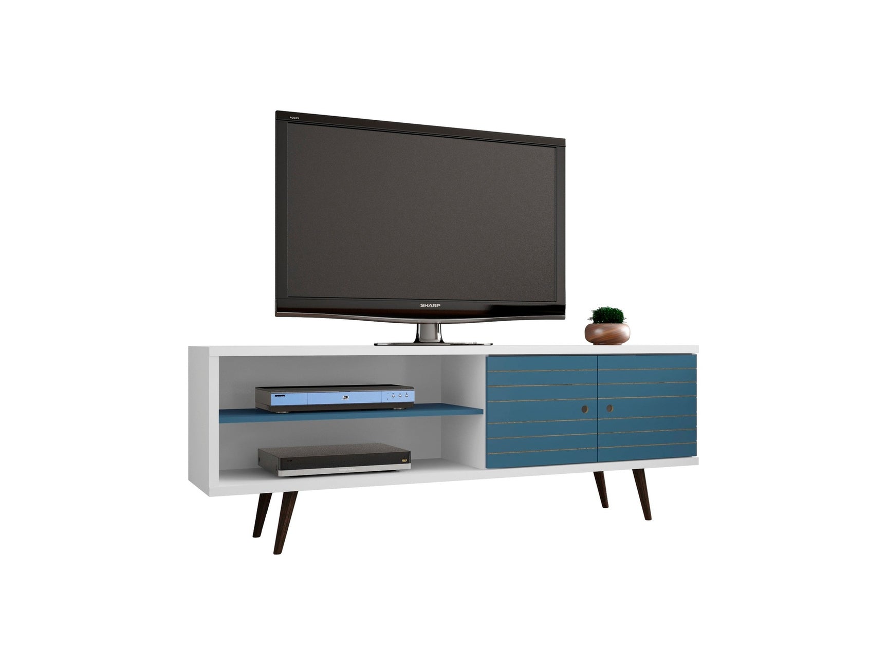 Liberty 62.99" Mid-Century Modern TV Stand in White and Aqua Blue - Ornate Home