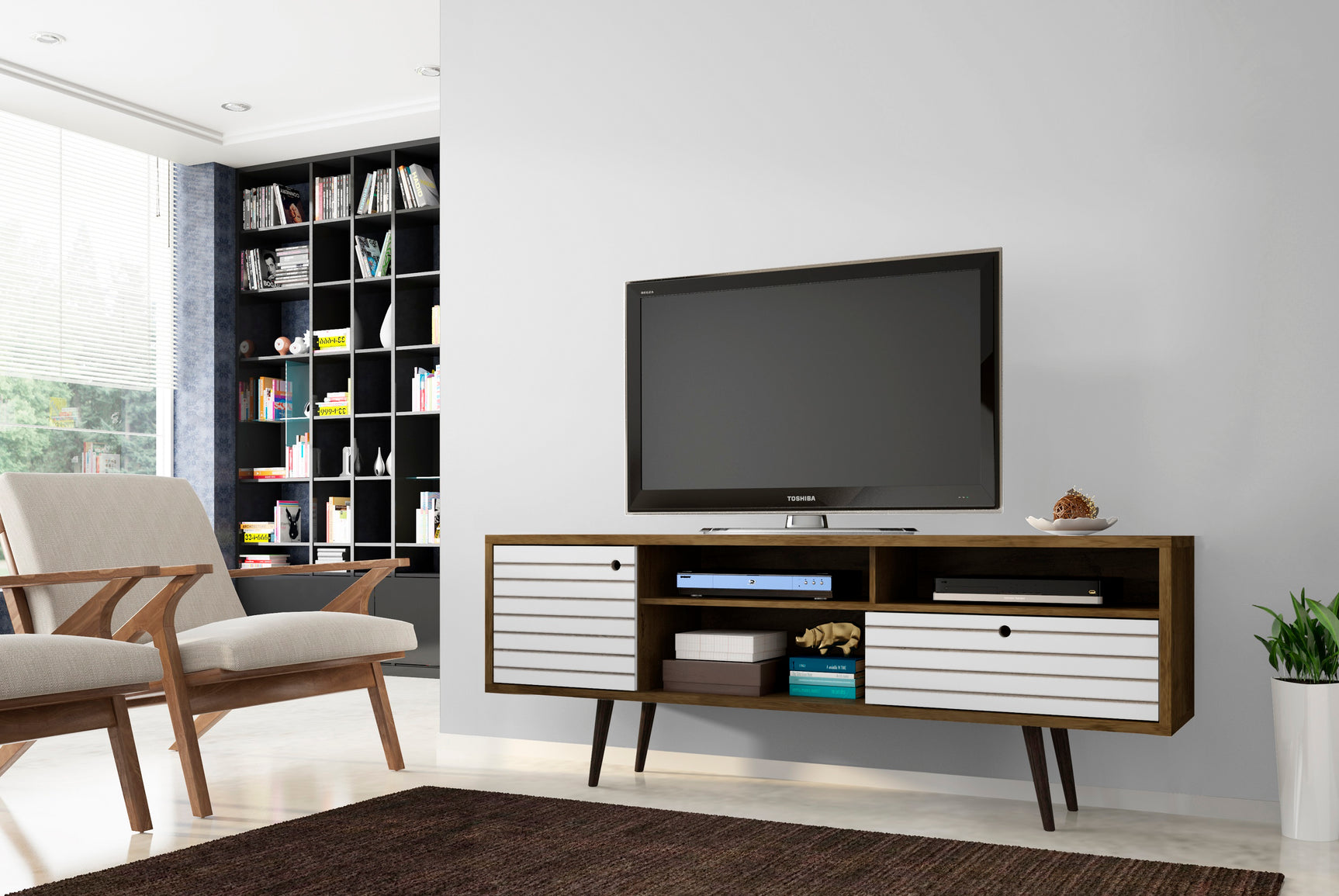 Liberty 70.86" Mid-Century Modern TV Stand in Rustic Brown and White - Ornate Home