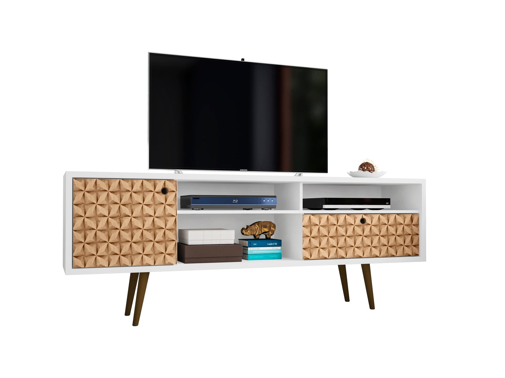 Liberty 70.86" Mid-Century Modern TV Stand in White and 3D Brown Prints - Ornate Home