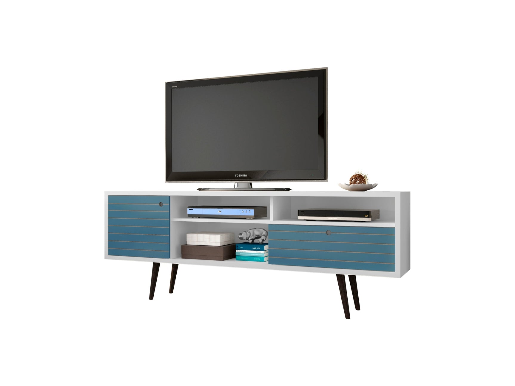 Liberty 70.86" Mid-Century Modern TV Stand in White and Aqua Blue - Ornate Home