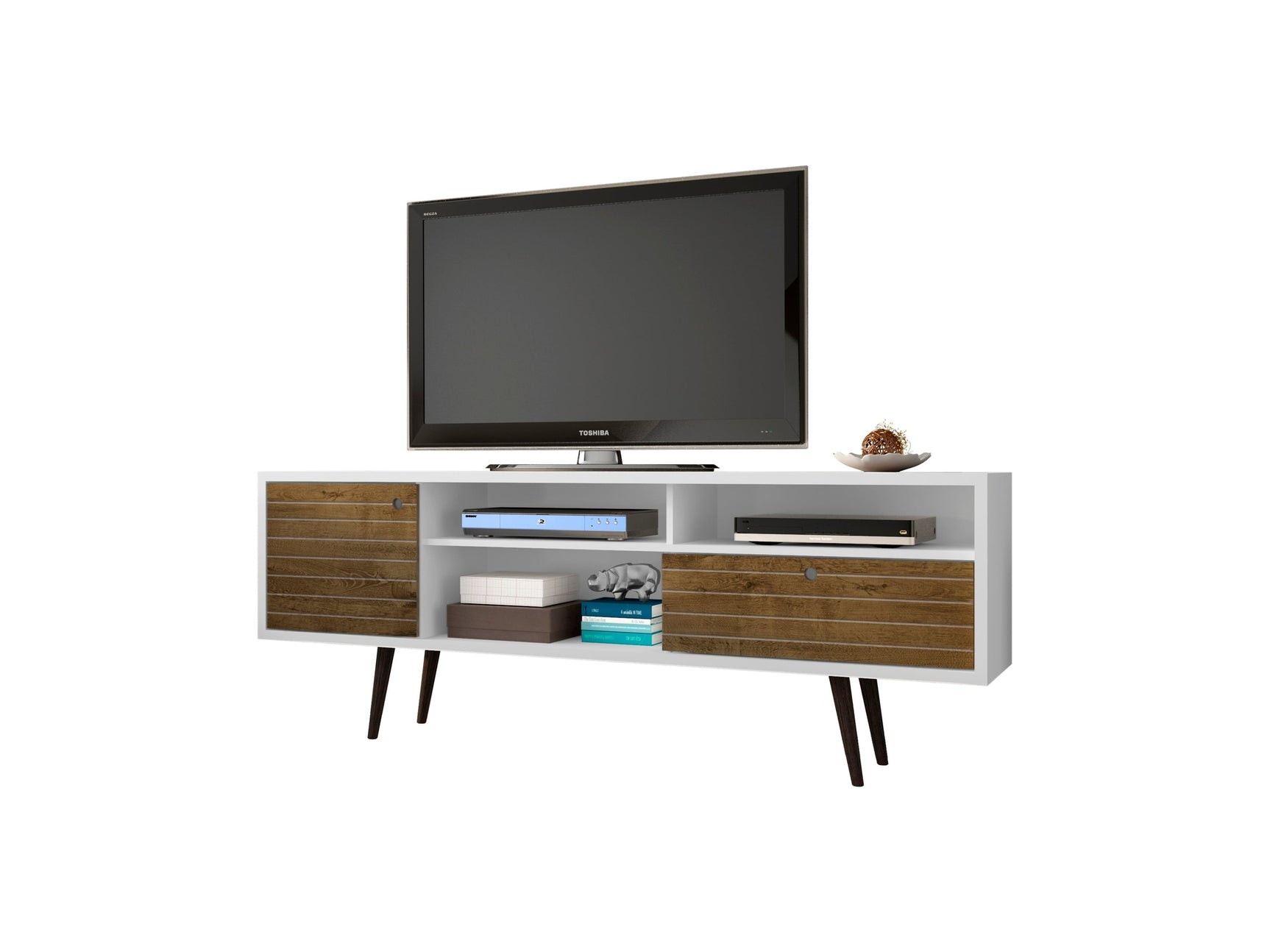 Liberty 70.86" Mid-Century Modern TV Stand in White and Rustic Brown - Ornate Home