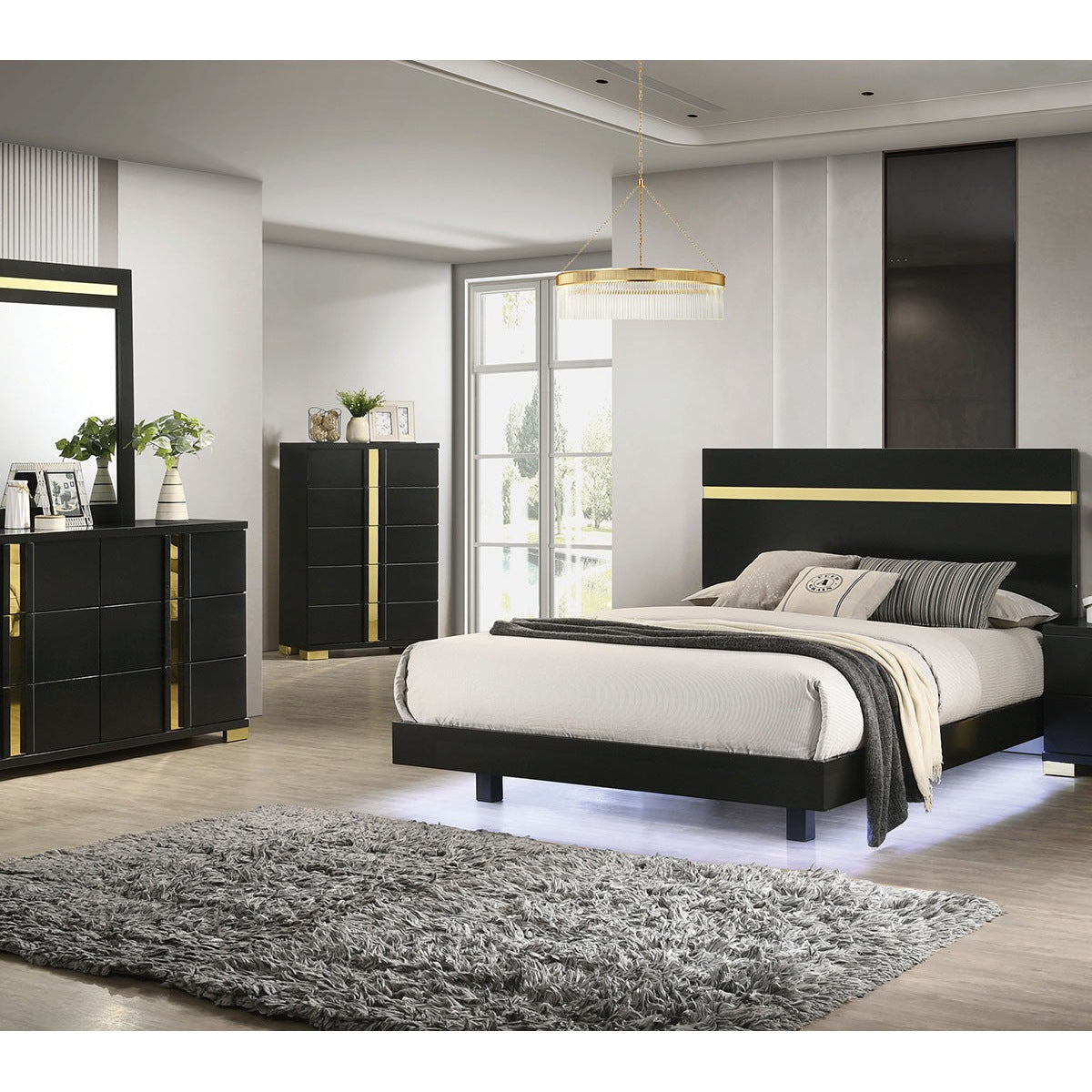 Furniture of America Lillestrom Black/Gold Queen 5 Piece Bedroom Set w/Chest | Ornate Home Furniture of America Lillestrom Black/Gold Queen 5 Piece Bedroom Set w/Chest | Ornate Home