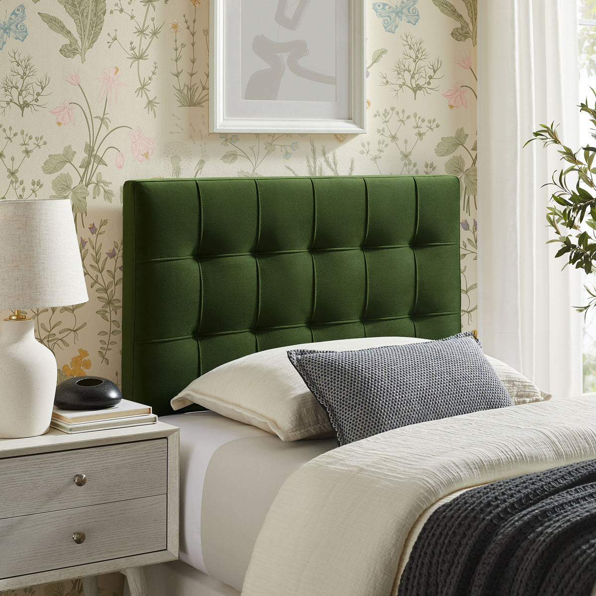 Lily Moss Green Stain-Resistant Performance Velvet Twin Size Headboard - Ornate Home