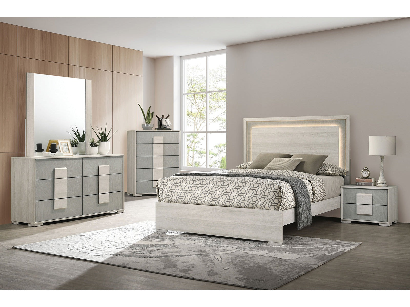 Lincolt Whitewash/Stone Gray Queen 4 Piece Bedroom Set - Ornate Home