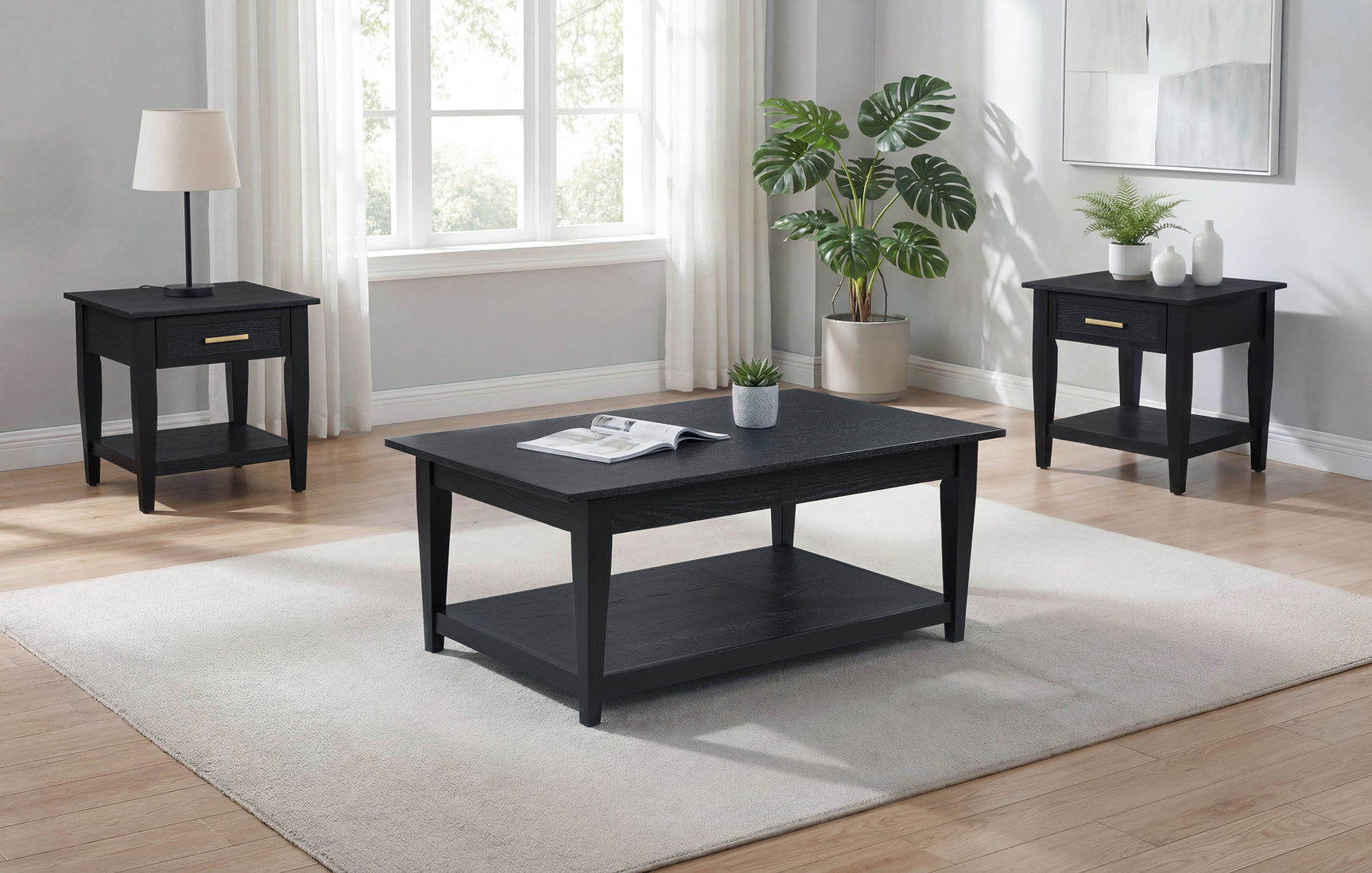 Lindenton Black 3-piece Wood Lift-Top Coffee and End Table Set - Ornate Home