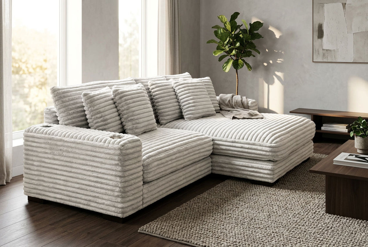 Lindyn II Ivory Jumbo Corduroy 2pc Reversible Sectional Sofa w/ Dual Cupholders & USB Ports - Ornate Home