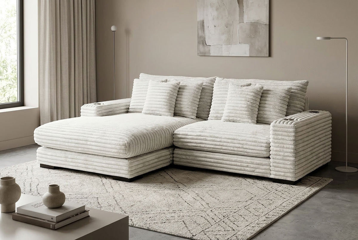 Lindyn II Ivory Jumbo Corduroy 2pc Reversible Sectional Sofa w/ Dual Cupholders & USB Ports - Ornate Home