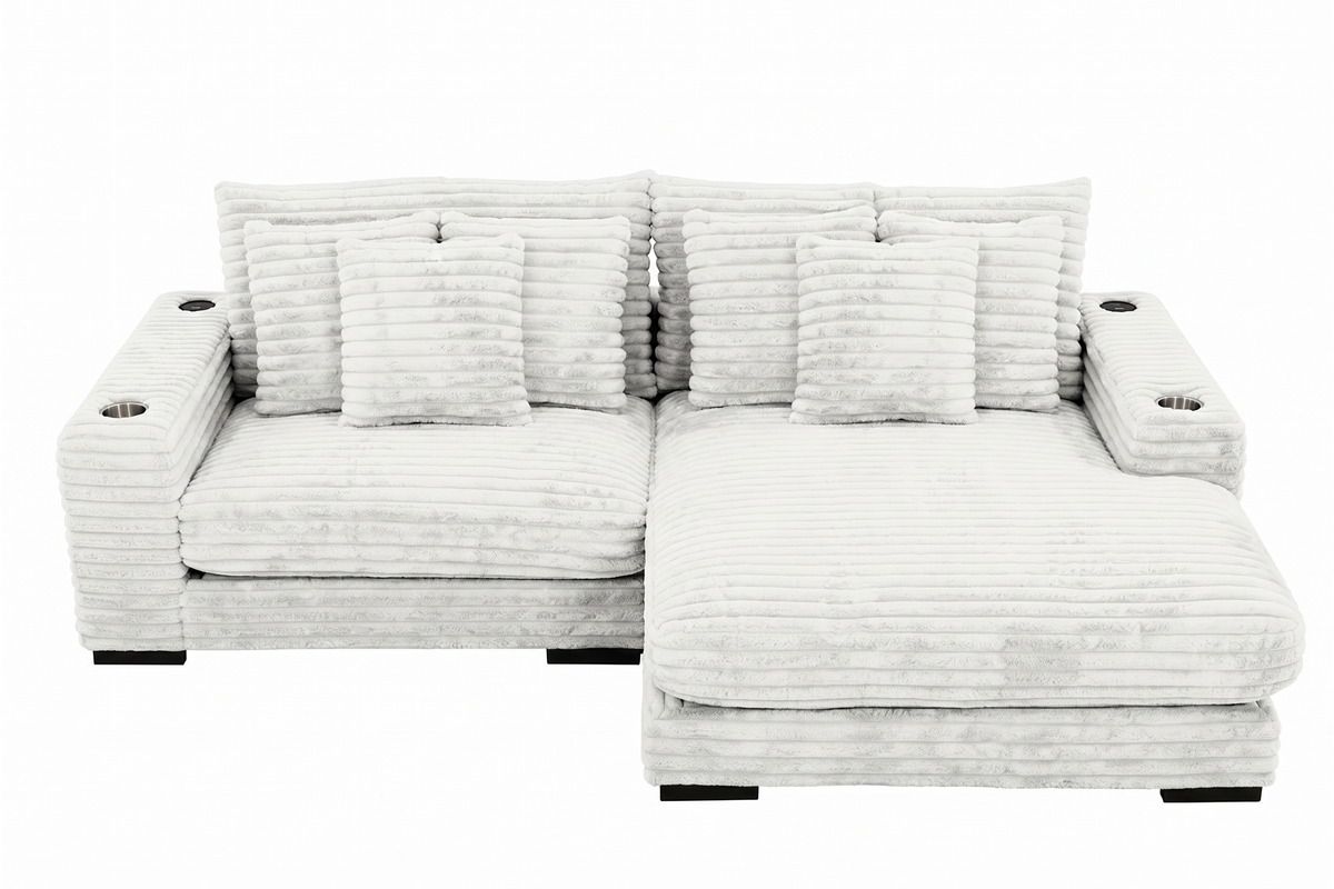 Lindyn II Ivory Jumbo Corduroy 2pc Reversible Sectional Sofa w/ Dual Cupholders & USB Ports - Ornate Home