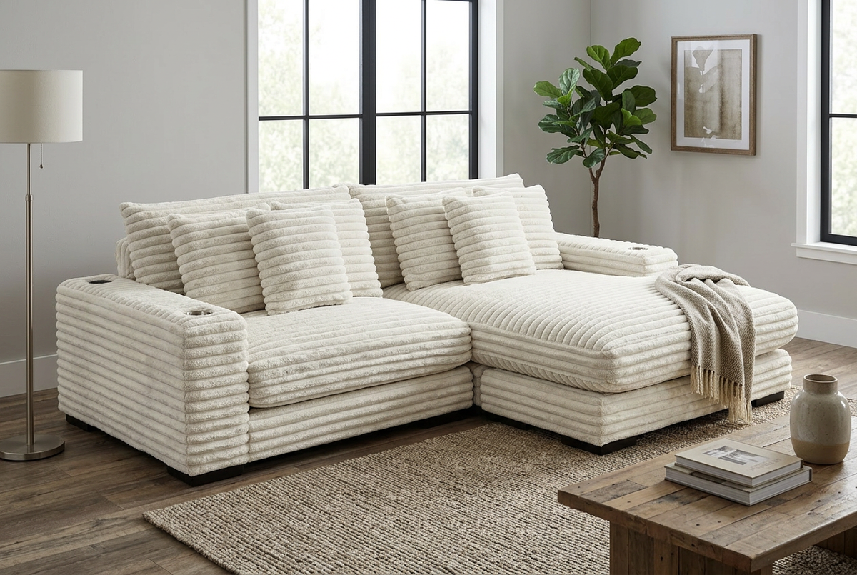 Lindyn II Ivory Jumbo Corduroy 2pc Reversible Sectional Sofa w/ Dual Cupholders & USB Ports - Ornate Home