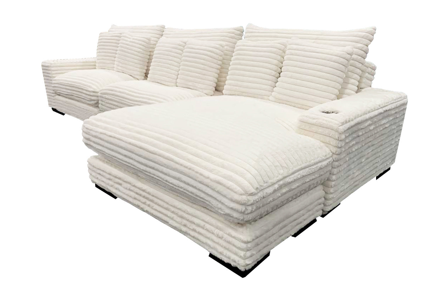 Lindyn II Ivory Jumbo Corduroy 3pc Reversible Sectional Sofa w/ Dual Cupholders & USB Ports - Ornate Home