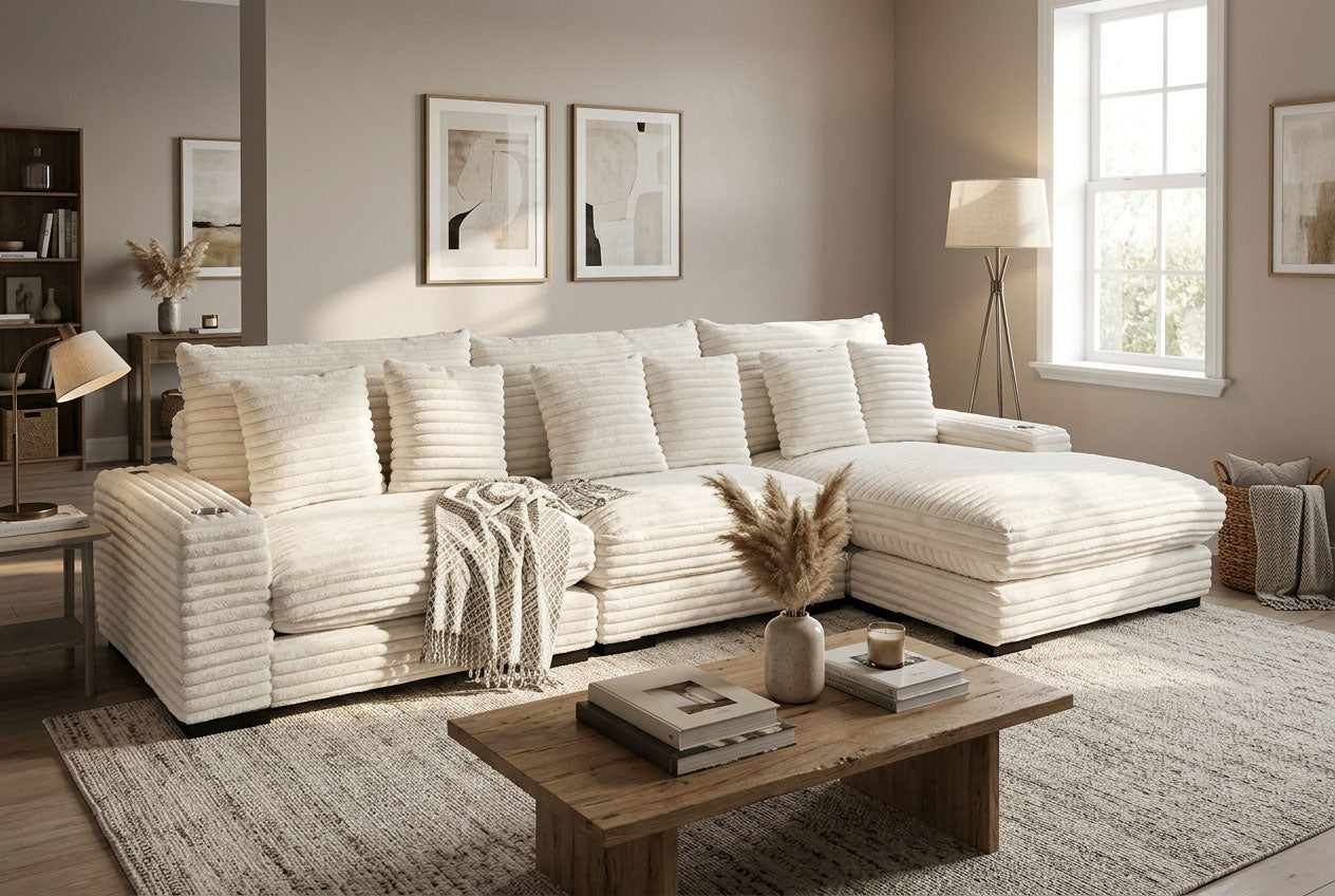 Lindyn II Ivory Jumbo Corduroy 3pc Reversible Sectional Sofa w/ Dual Cupholders & USB Ports - Ornate Home