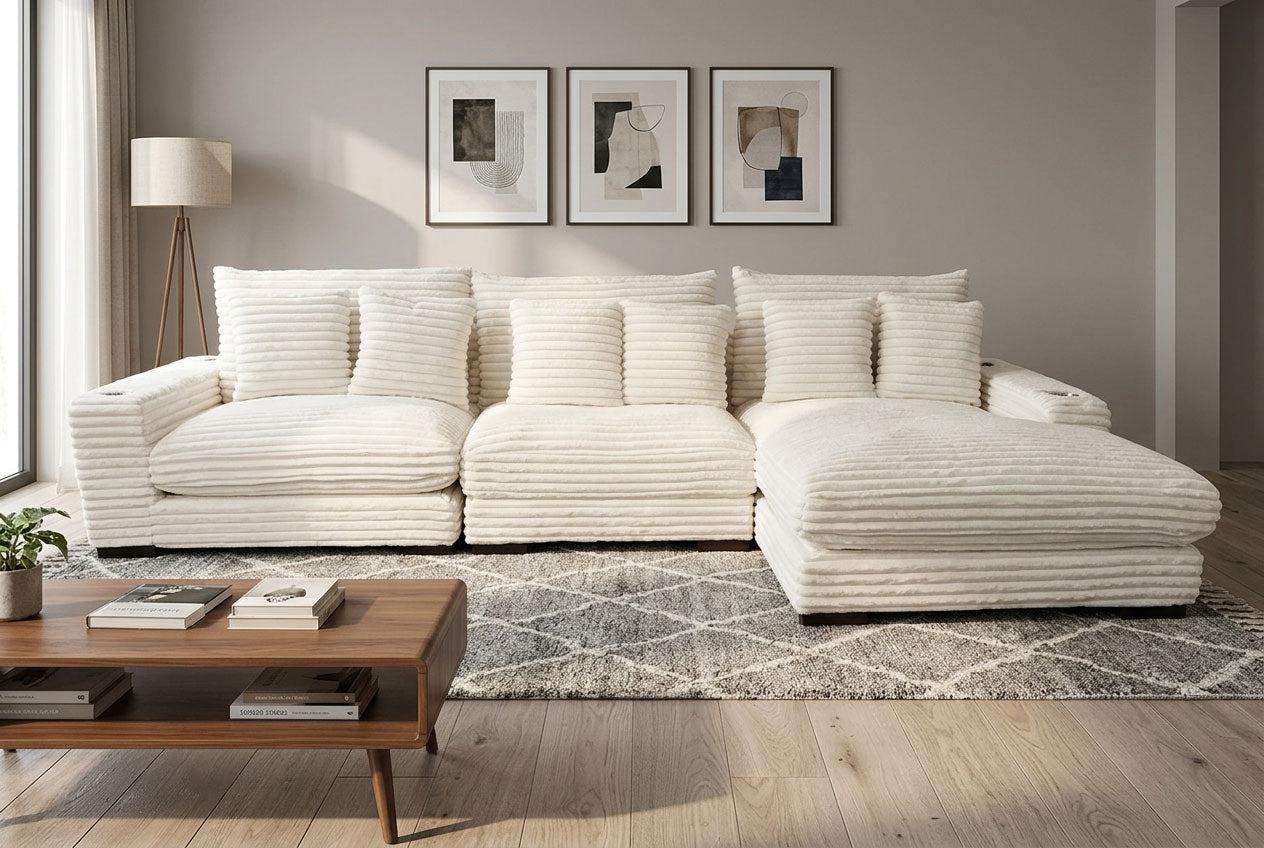 Lindyn II Ivory Jumbo Corduroy 3pc Reversible Sectional Sofa w/ Dual Cupholders & USB Ports - Ornate Home