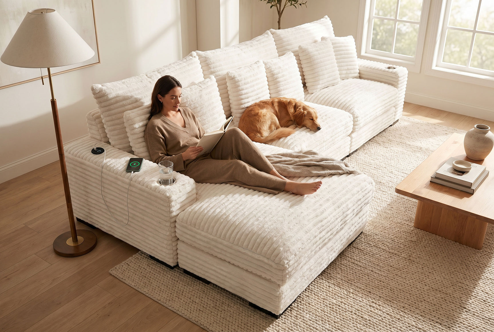 Lindyn II Ivory Jumbo Corduroy 3pc Reversible Sectional Sofa w/ Dual Cupholders & USB Ports - Ornate Home