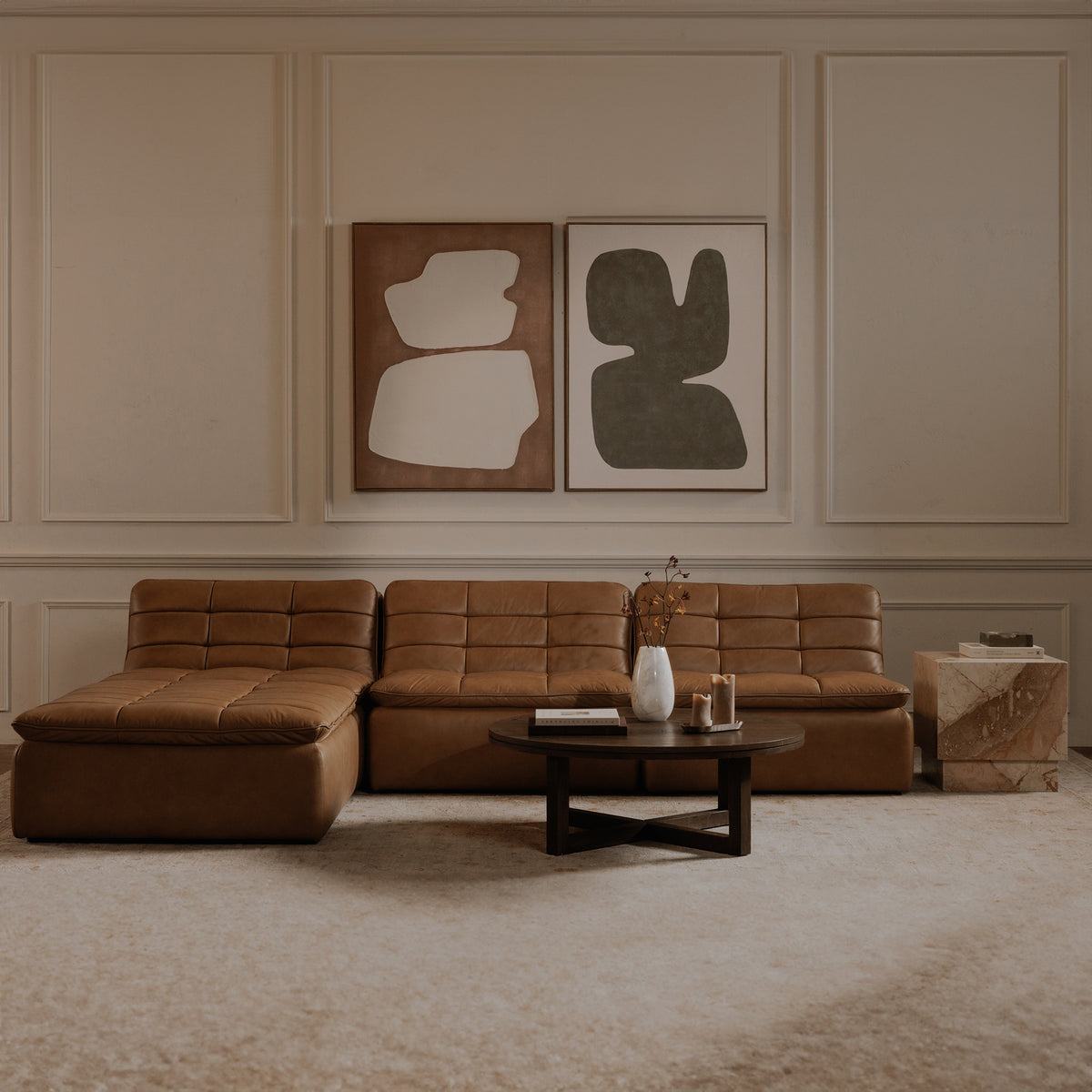 Lino Tan Leather Armless Modular Sofa - Ornate Home