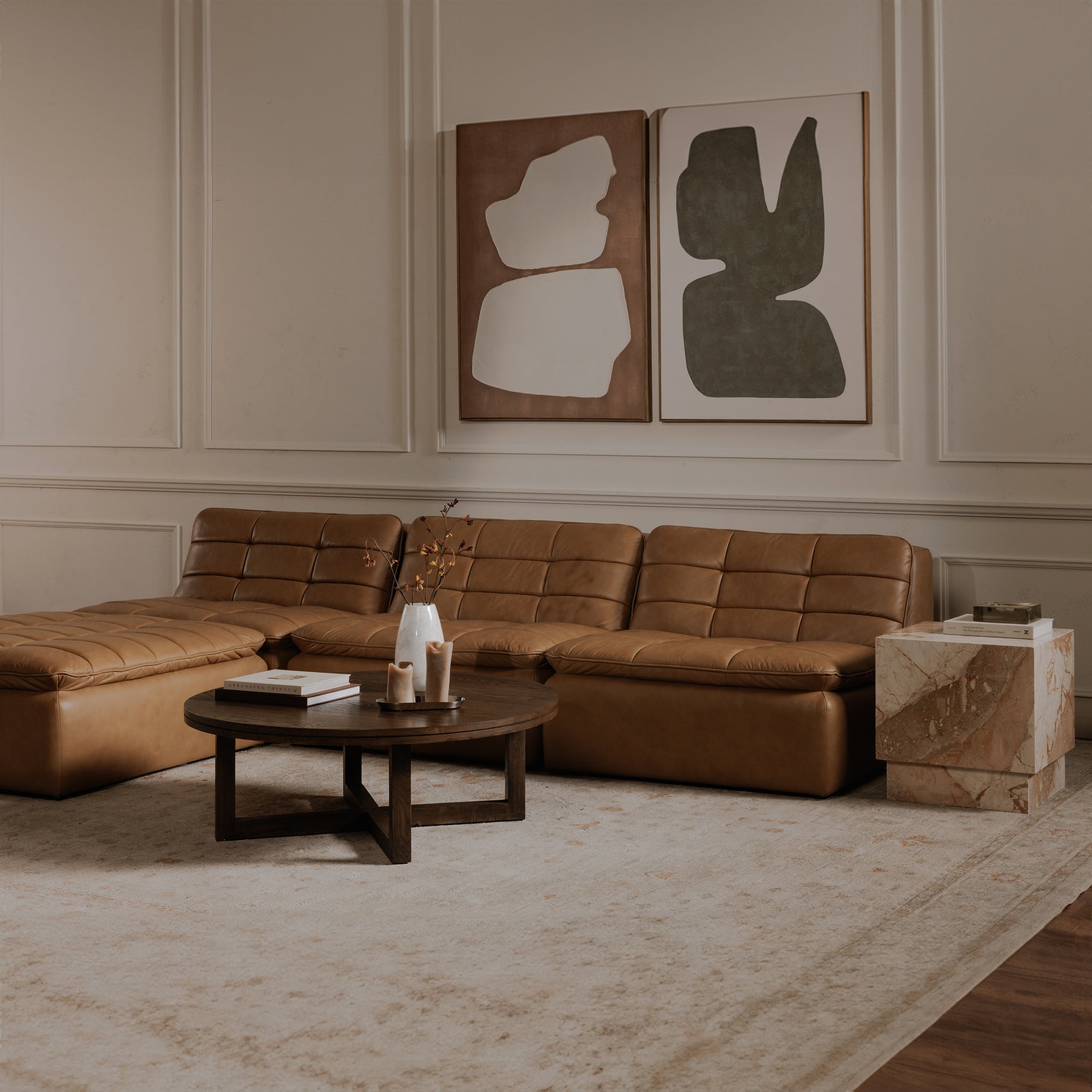 Lino Tan Leather Armless Modular Sofa - Ornate Home