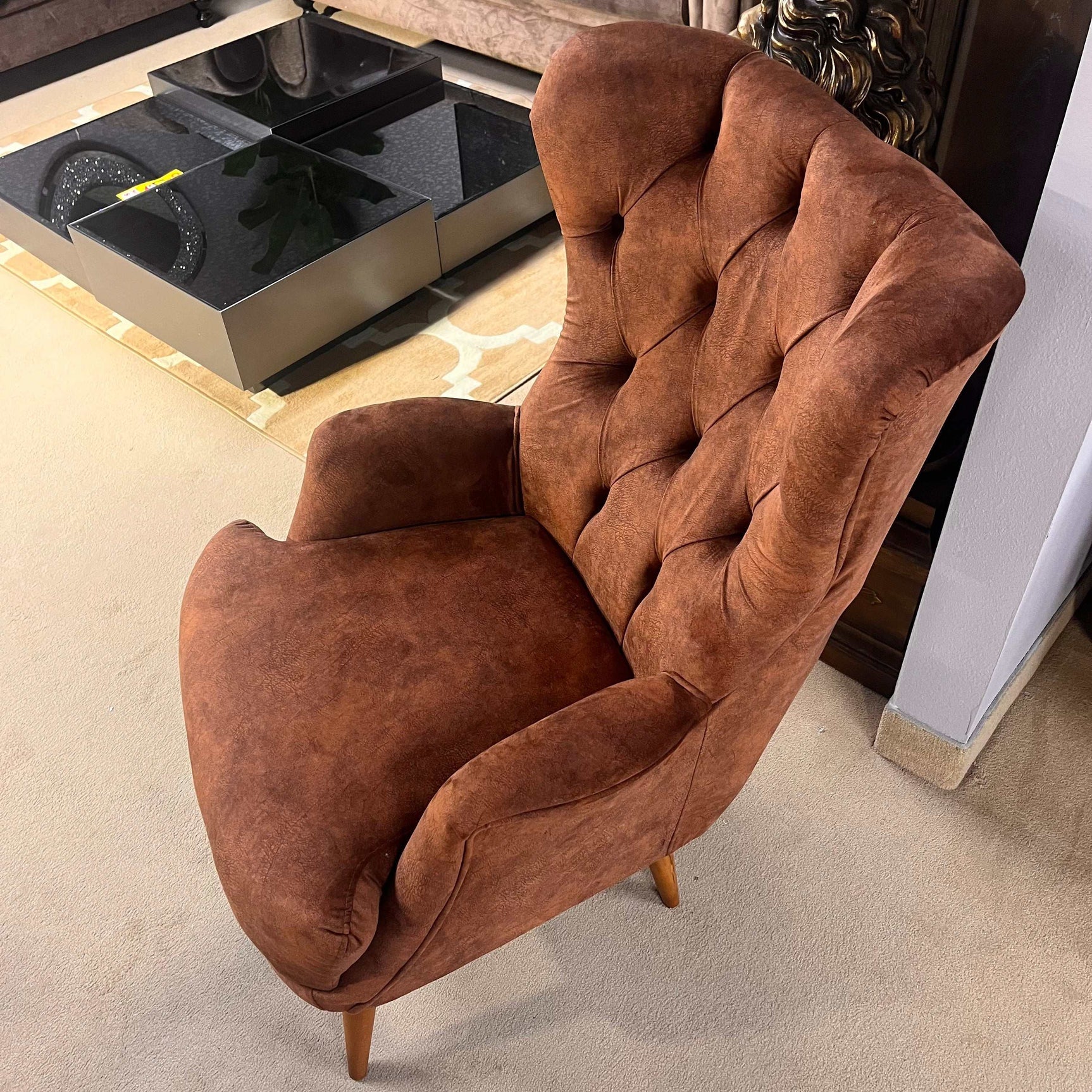 Lion Brown Button Tufted Velvet Accent Chair - Ornate Home