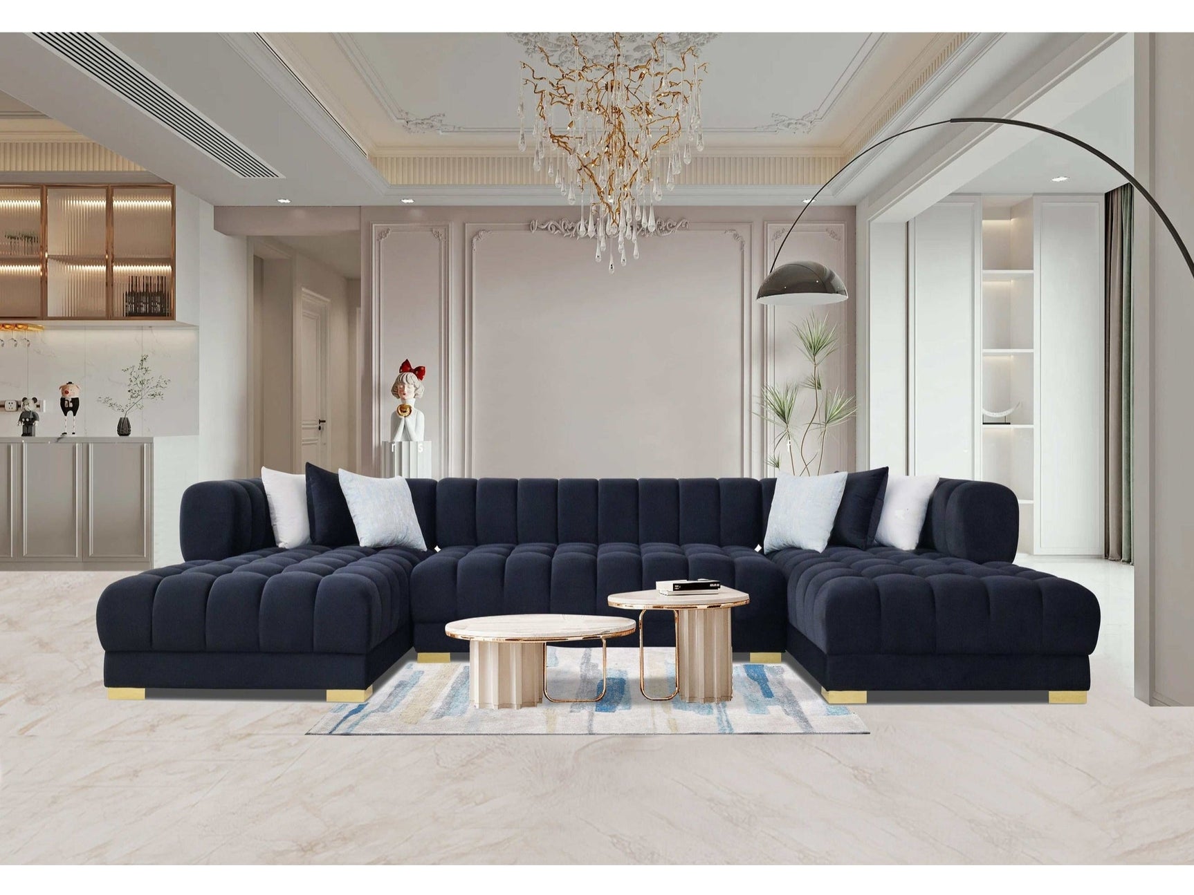 Lipa Black Velvet Double Chaise "U" Shape Sectional Sofa - Ornate Home