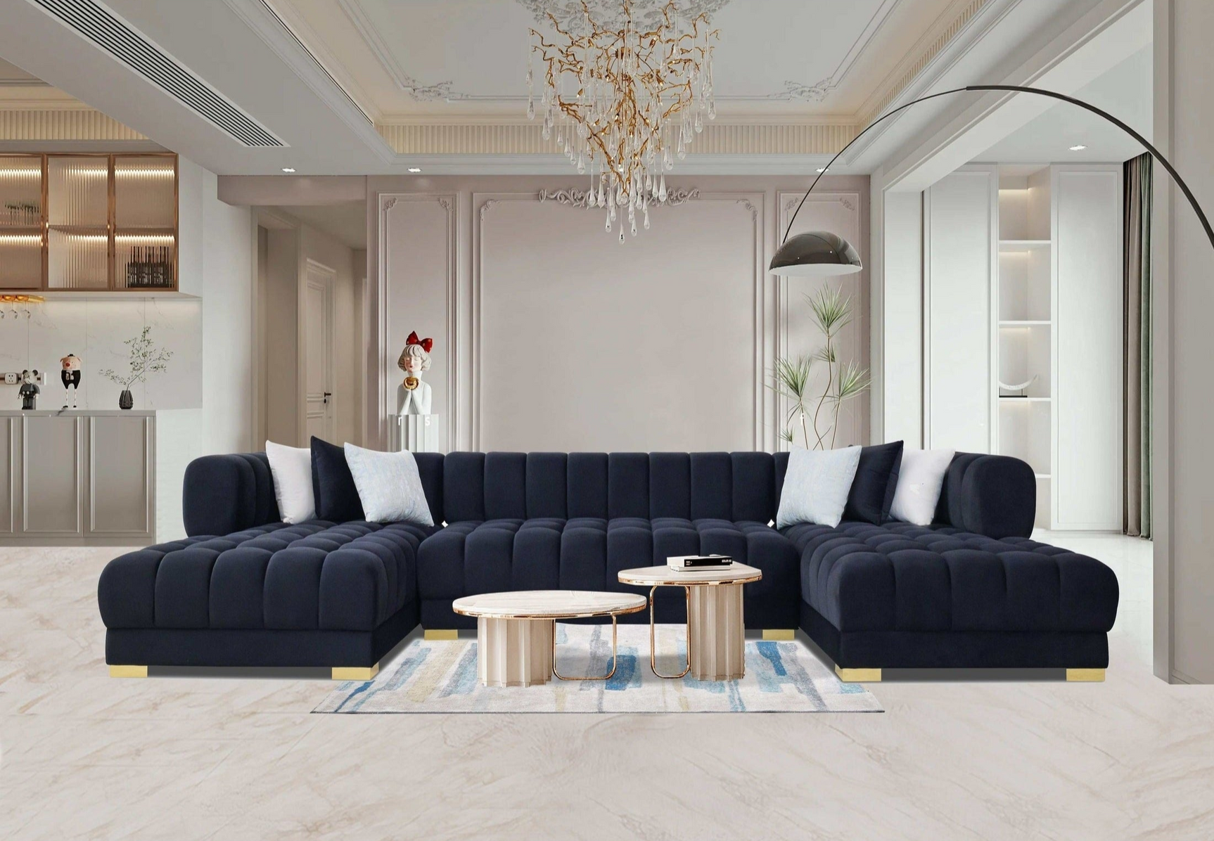 Lipa Black Velvet Double Chaise "U" Shape Sectional Sofa - Ornate Home