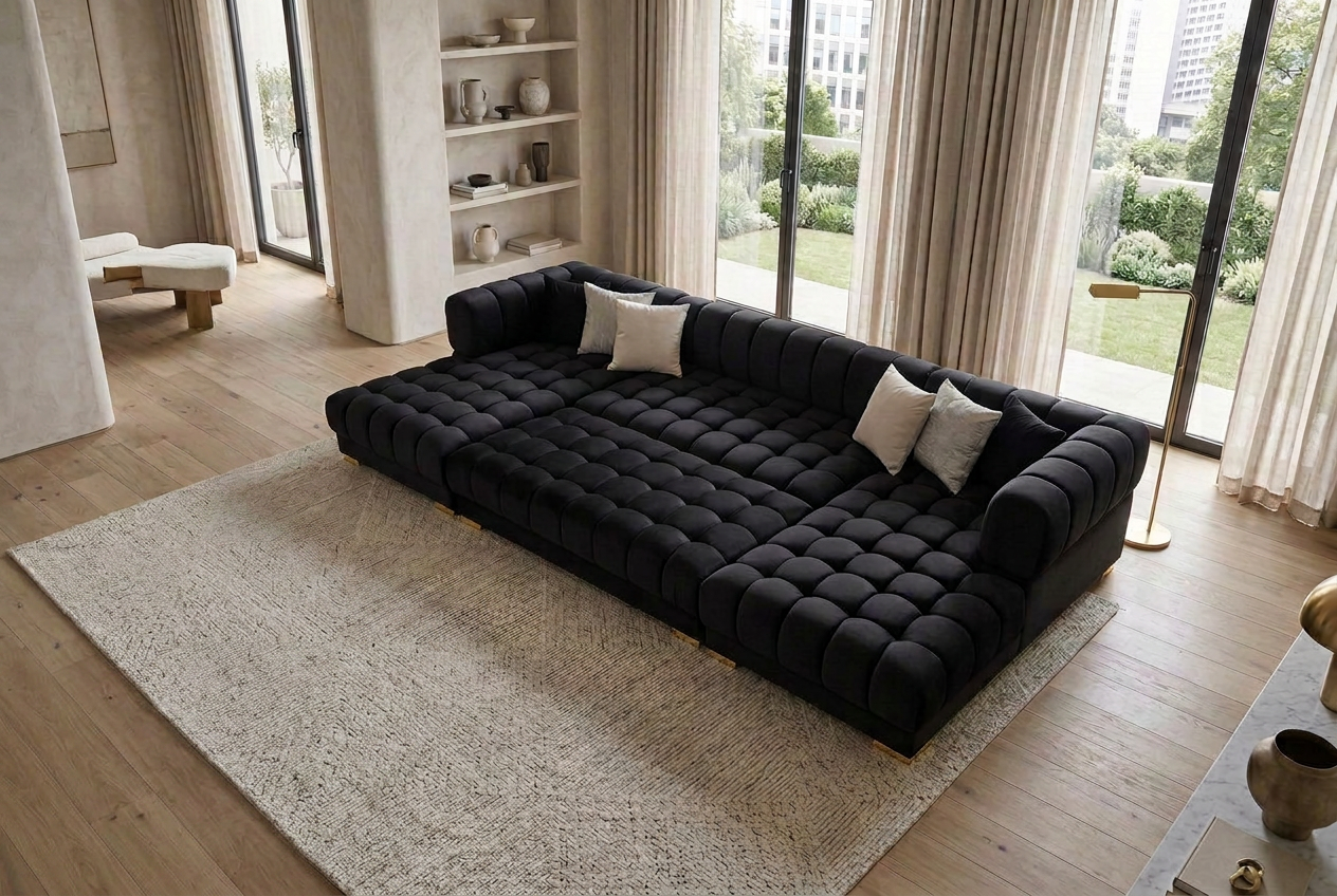 Lipa Black Velvet Double Chaise "U" Shape Sectional Sofa - Ornate Home