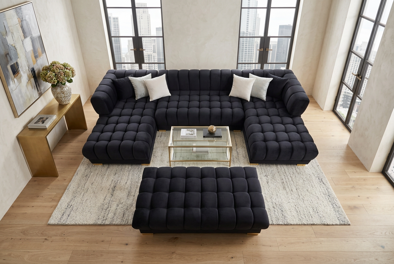 Lipa Black Velvet Double Chaise "U" Shape Sectional Sofa - Ornate Home