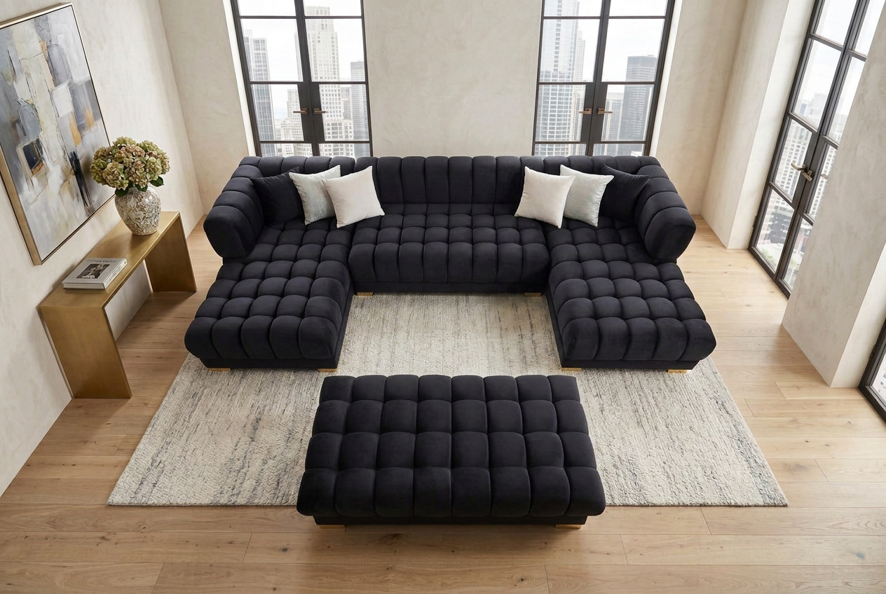 Lipa Black Velvet Double Chaise "U" Shape Sectional Sofa - Ornate Home