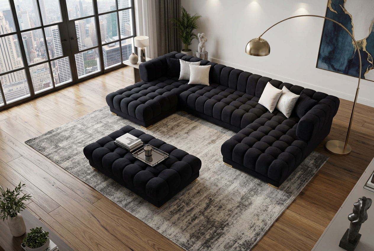 Lipa Black Velvet Double Chaise "U" Shape Sectional Sofa - Ornate Home