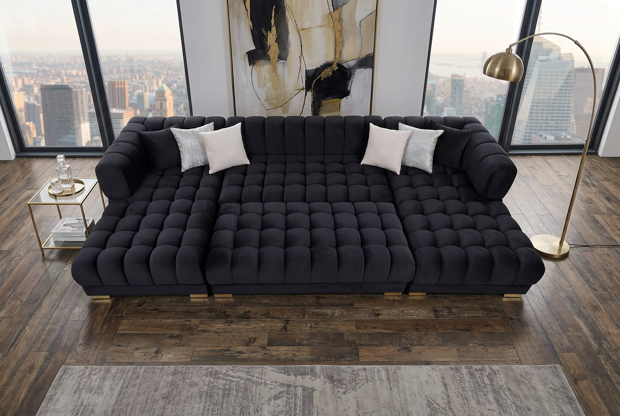 Lipa Black Velvet Double Chaise "U" Shape Sectional Sofa - Ornate Home