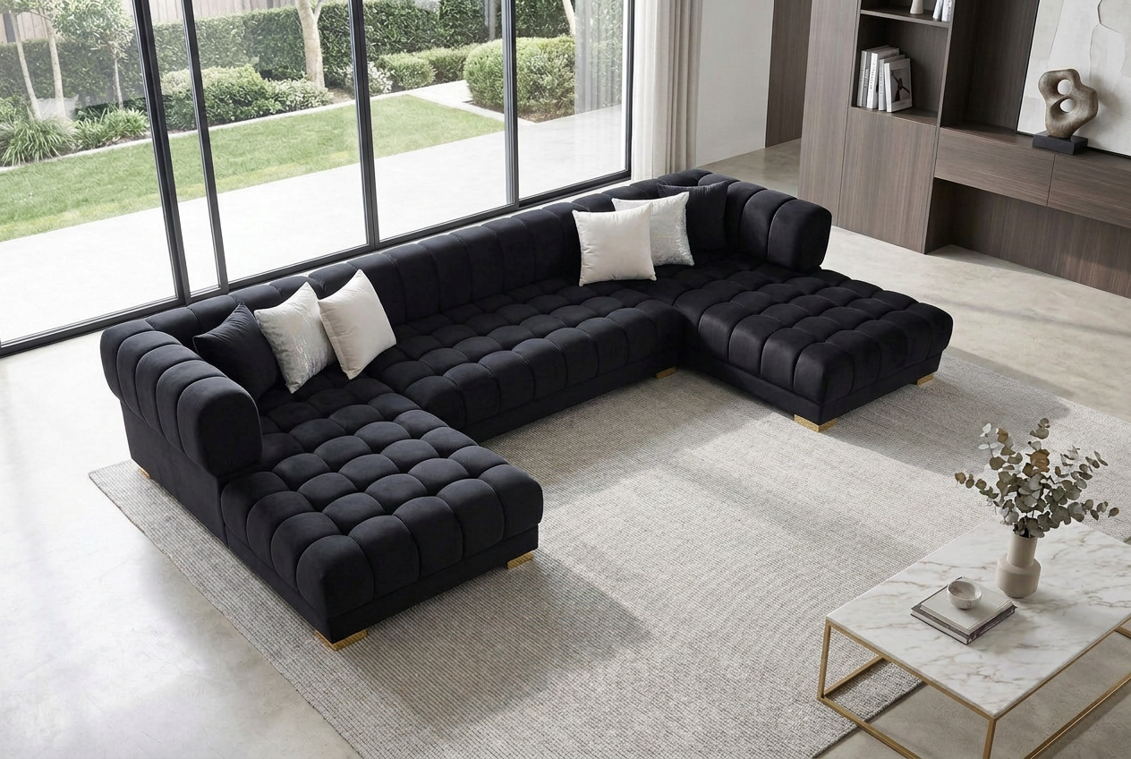 Lipa Black Velvet Double Chaise "U" Shape Sectional Sofa - Ornate Home