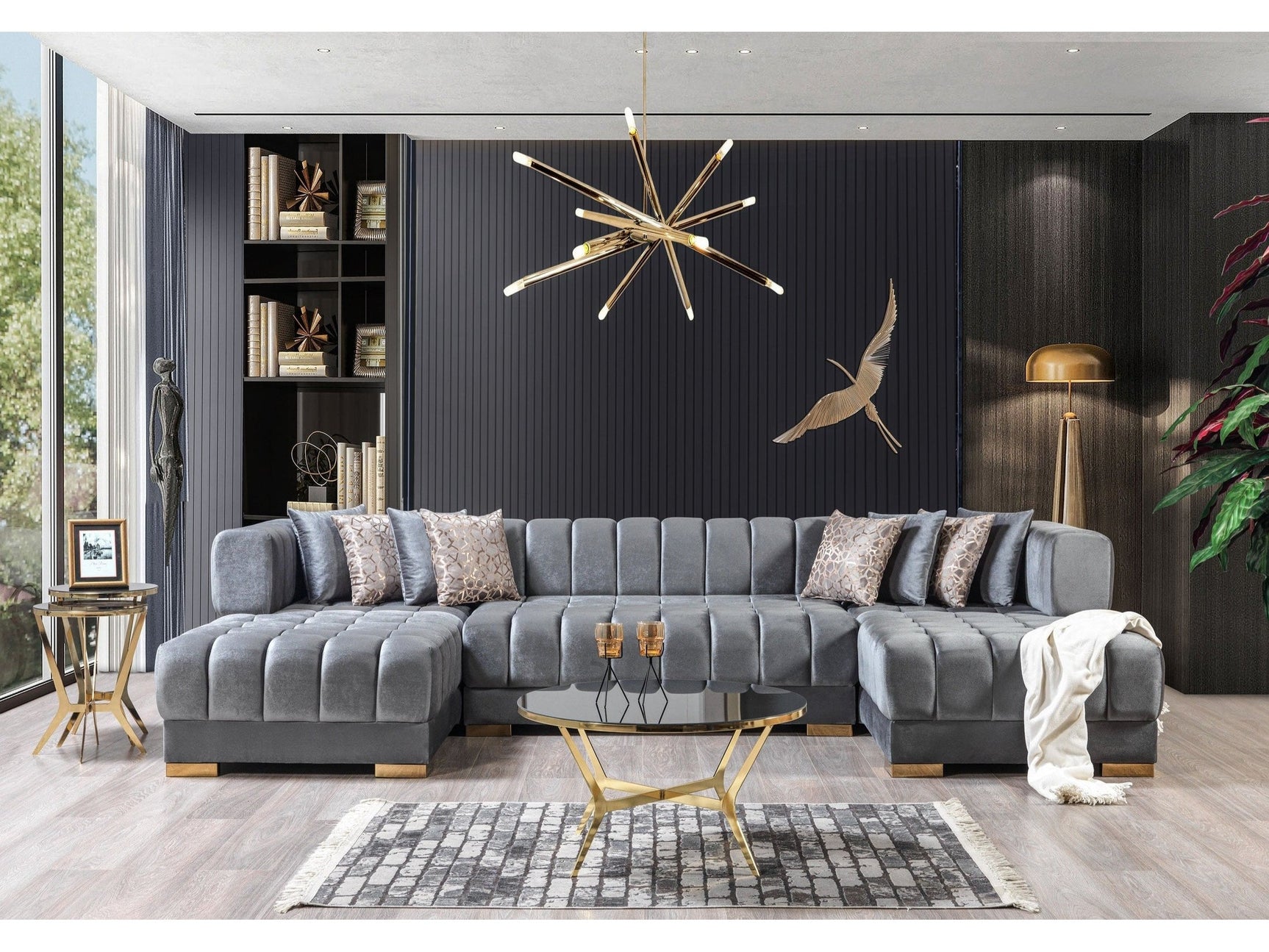 Lipa Gray Velvet Double Chaise "U" Shape Sectional Sofa - Ornate Home