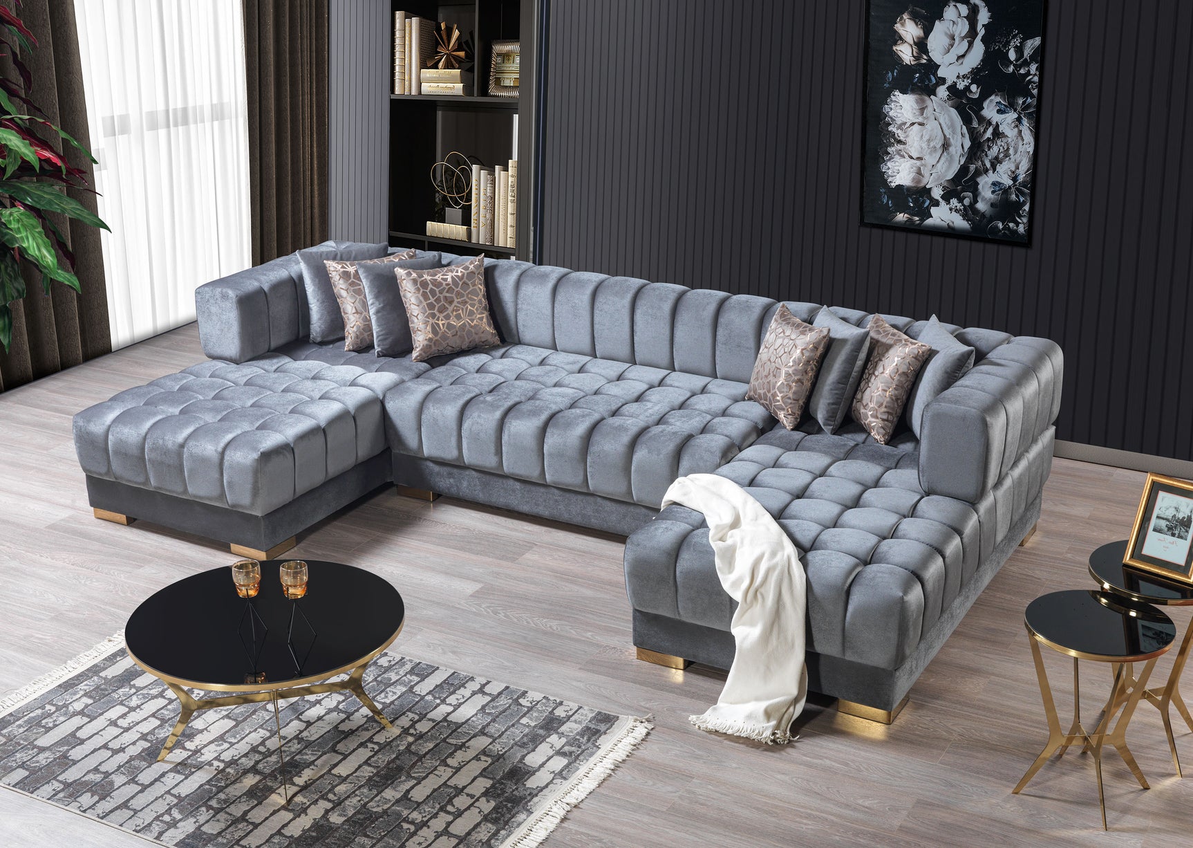 Lipa Gray Velvet Double Chaise "U" Shape Sectional Sofa - Ornate Home