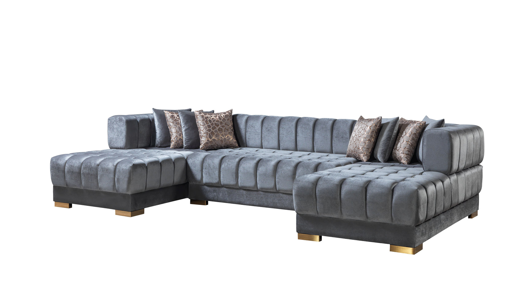 Lipa Gray Velvet Double Chaise "U" Shape Sectional Sofa - Ornate Home