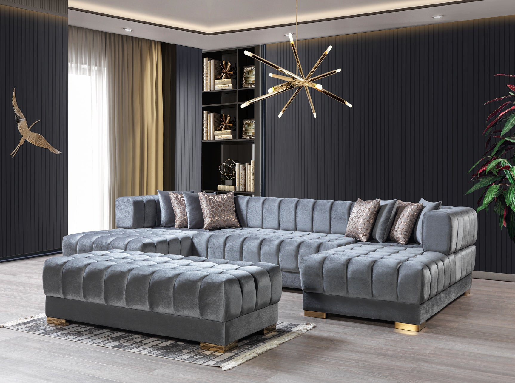 Lipa Gray Velvet Double Chaise "U" Shape Sectional Sofa - Ornate Home