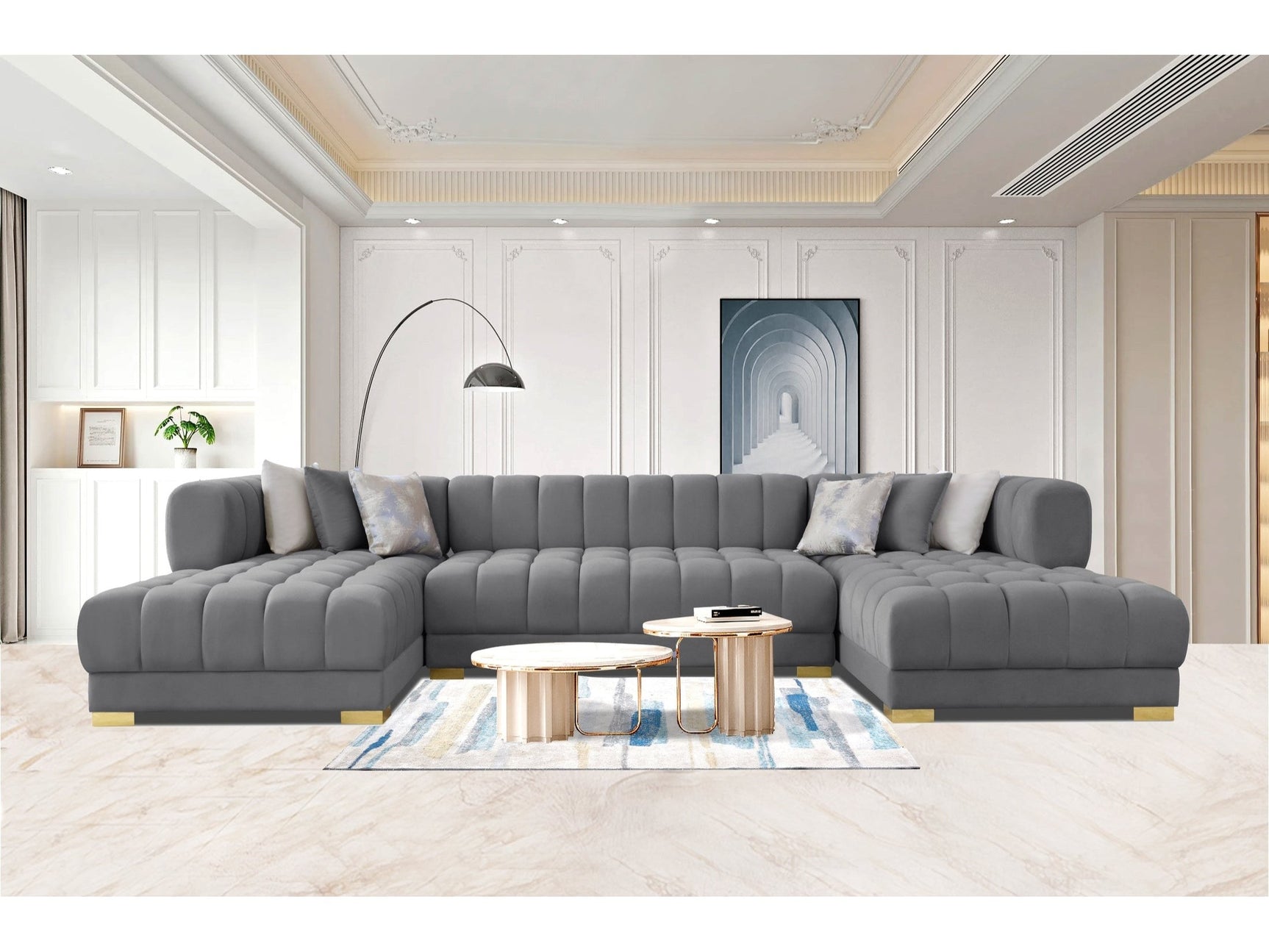 Lipa Morgan Gray Velvet Double Chaise "U" Shape Sectional Sofa - Ornate Home