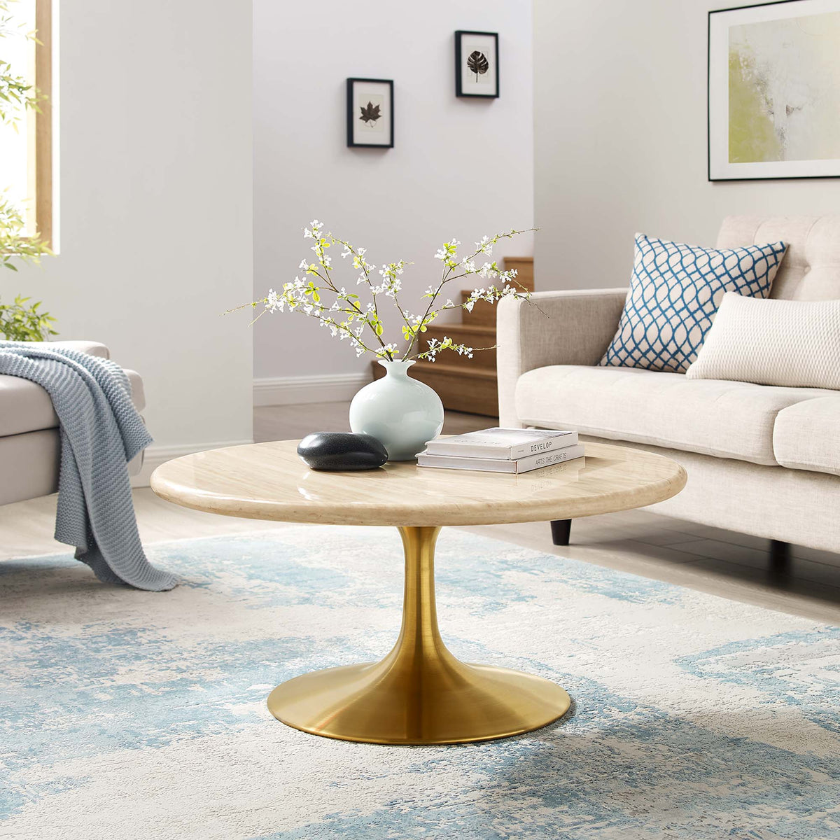 Lippa Gold 36" Round Faux Travertine Coffee Table - Ornate Home