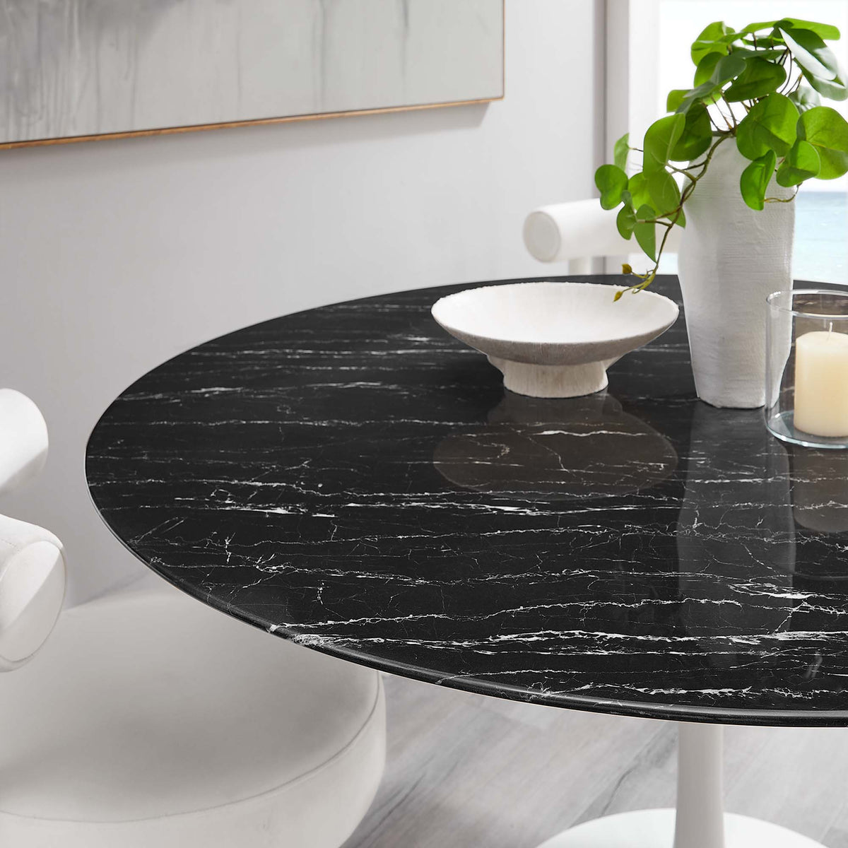 Lippa White/Black 60" Round Faux Marble Dining Table - Ornate Home